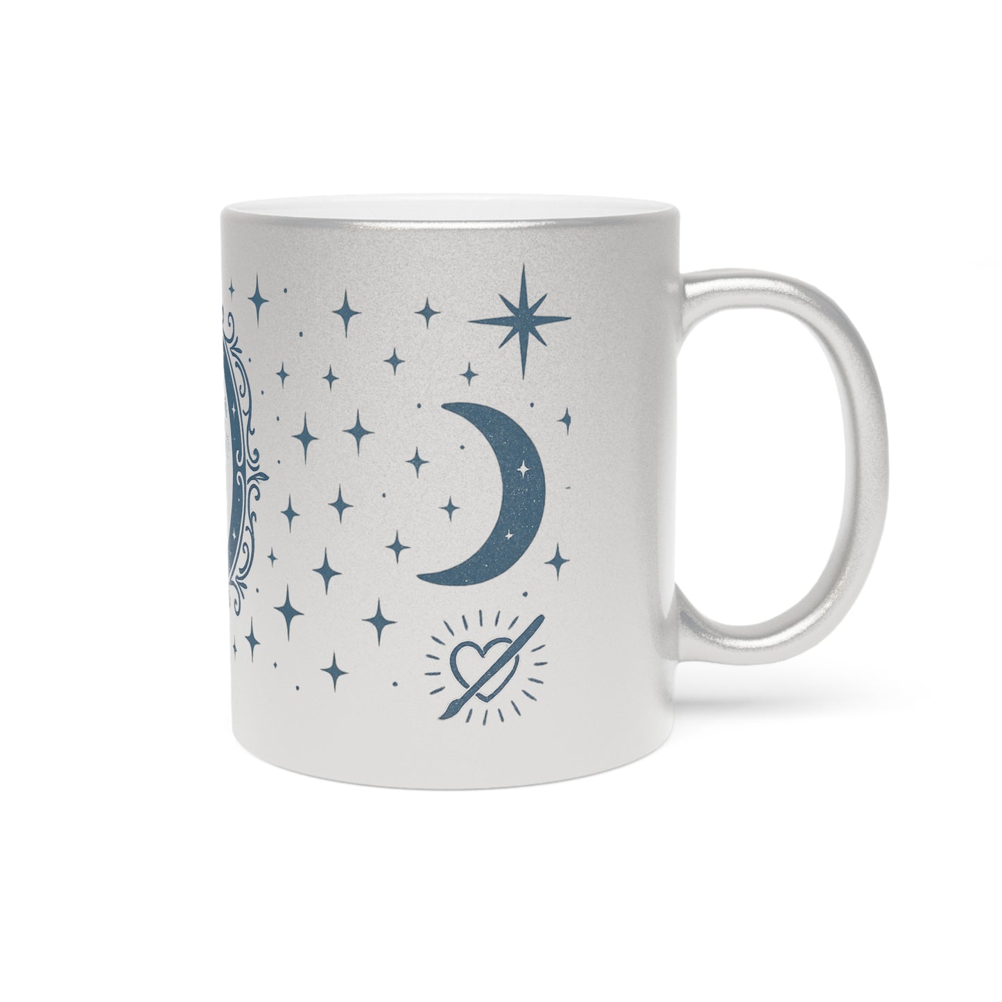 Taza Metálica Fase Lunar — Taza de Café Celestial Plateada/Dorada con Estrellas y Luna Creciente