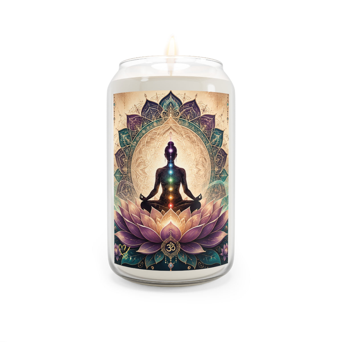 Chakra Meditation Soy Candle — 13.75oz Scented Jar (Lotus & Om Design)
