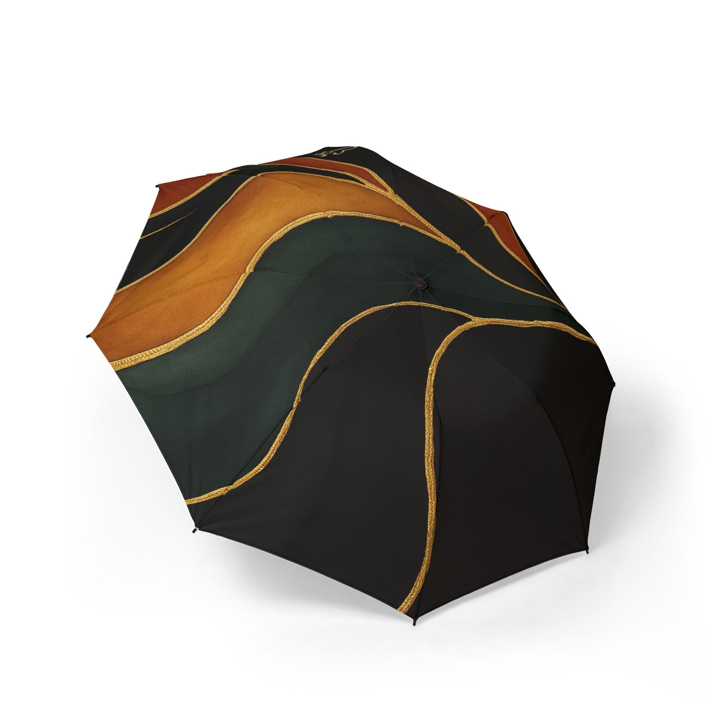Vivian Artisan Luxe foldable semi-automatic umbrella side view – abstract autumn waves earthy green burnt orange print travel umbrella by the Soulful Brush
