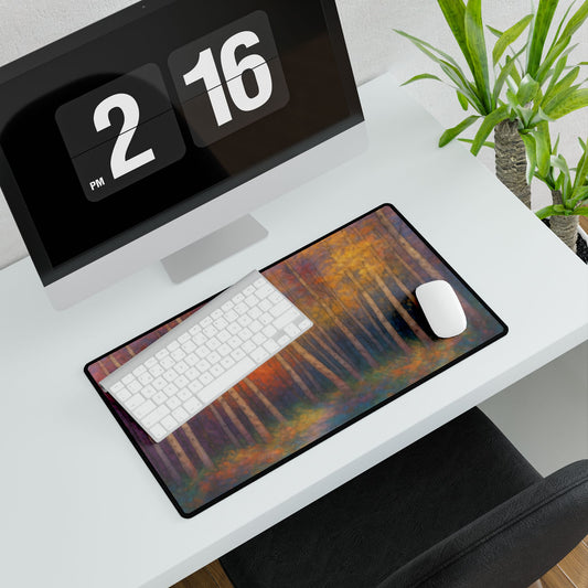 Autumn Forest desk mat beneath a white keyboard and mouse, showing golden trees and dark woodland scenery.