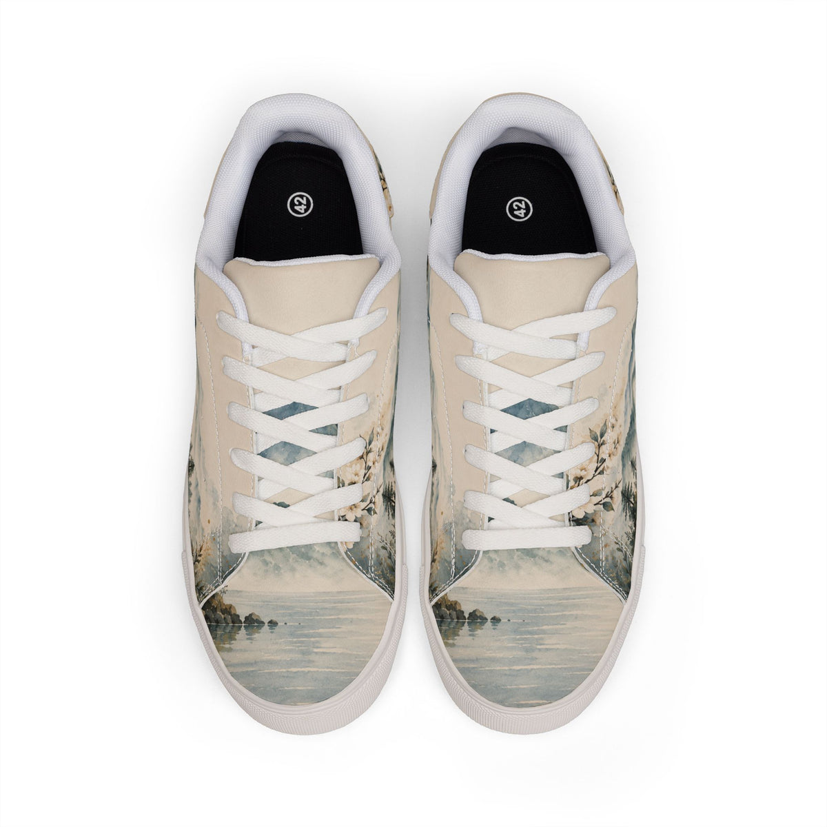 Low-Top Sneakers — Watercolor Mountain Landscape Women’s Leather Shoes