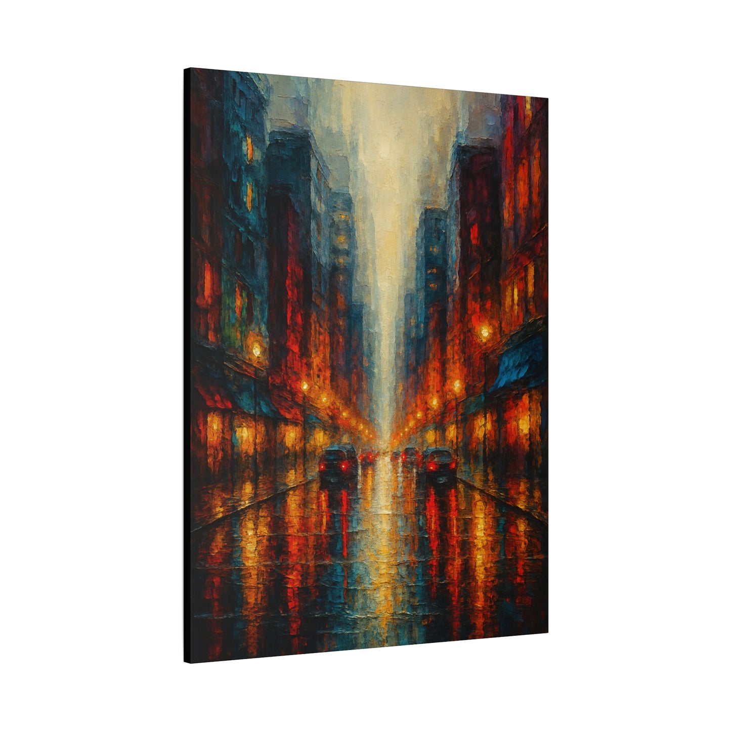 Lienzo mate "Paisaje urbano lluvioso" - Arte de pared urbano nocturno estirado