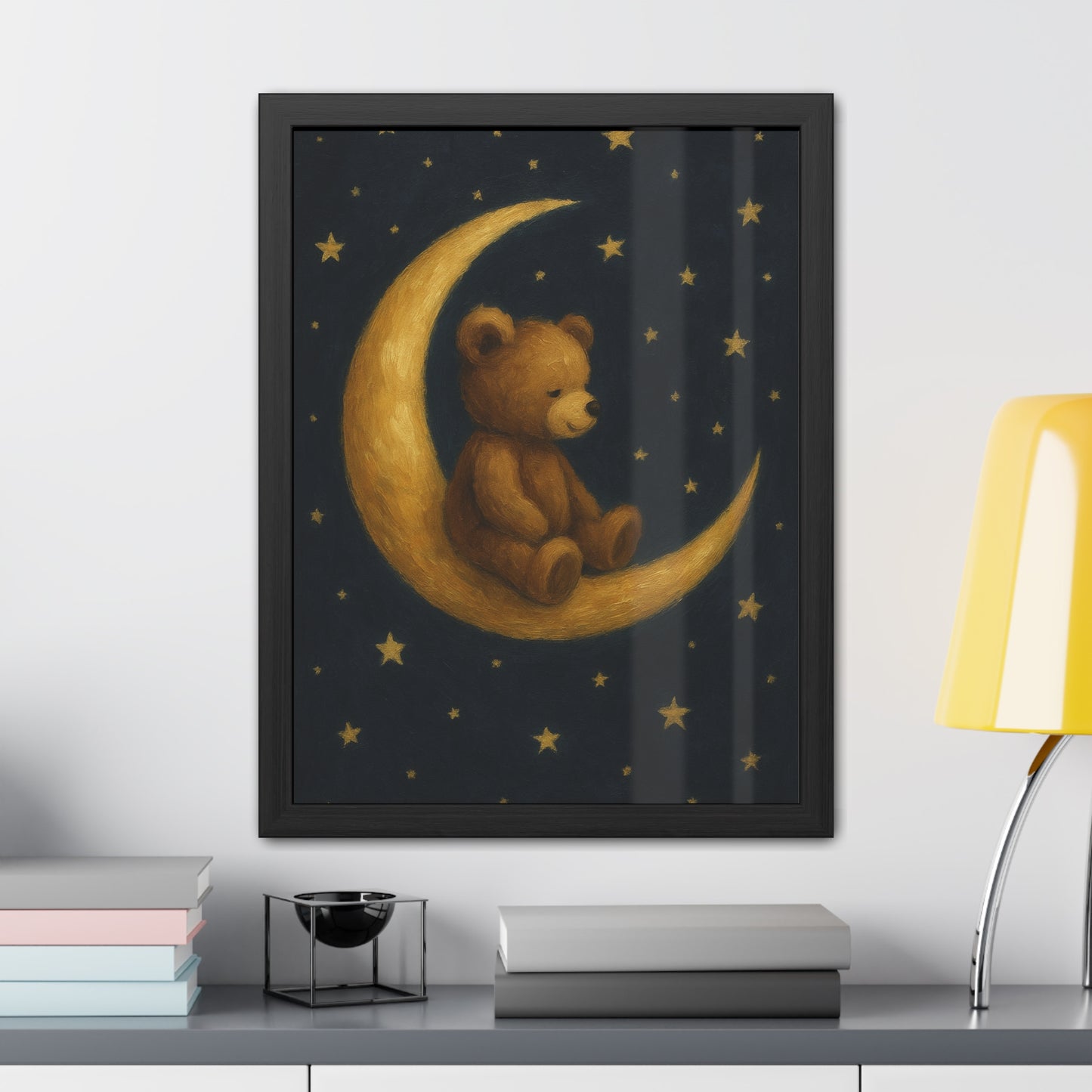 To the Moon and Back – Teddy on Crescent Moon Nursery Framed Poster | Celestial Dreams Wall Art