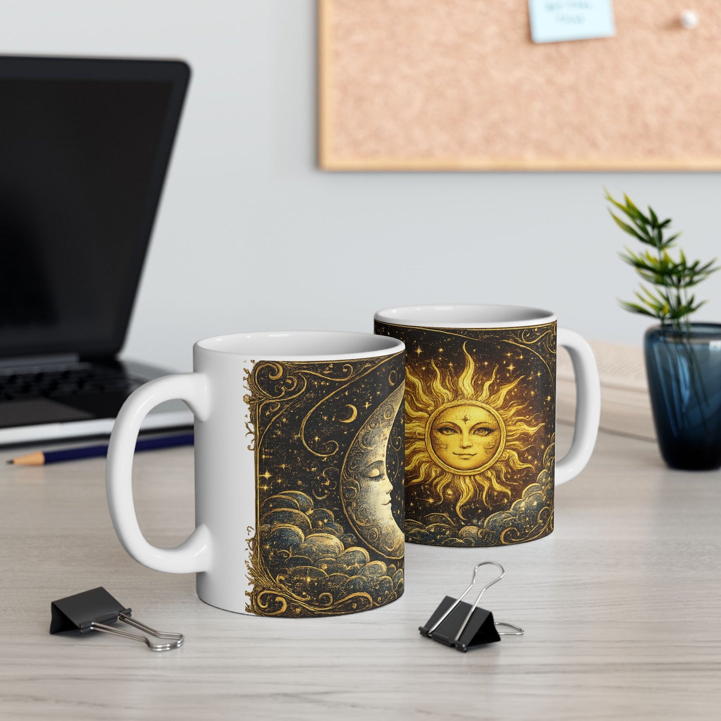 Sun & Moon White Ceramic Mug — Vintage Celestial Astrology Coffee Cup (11oz/15oz)