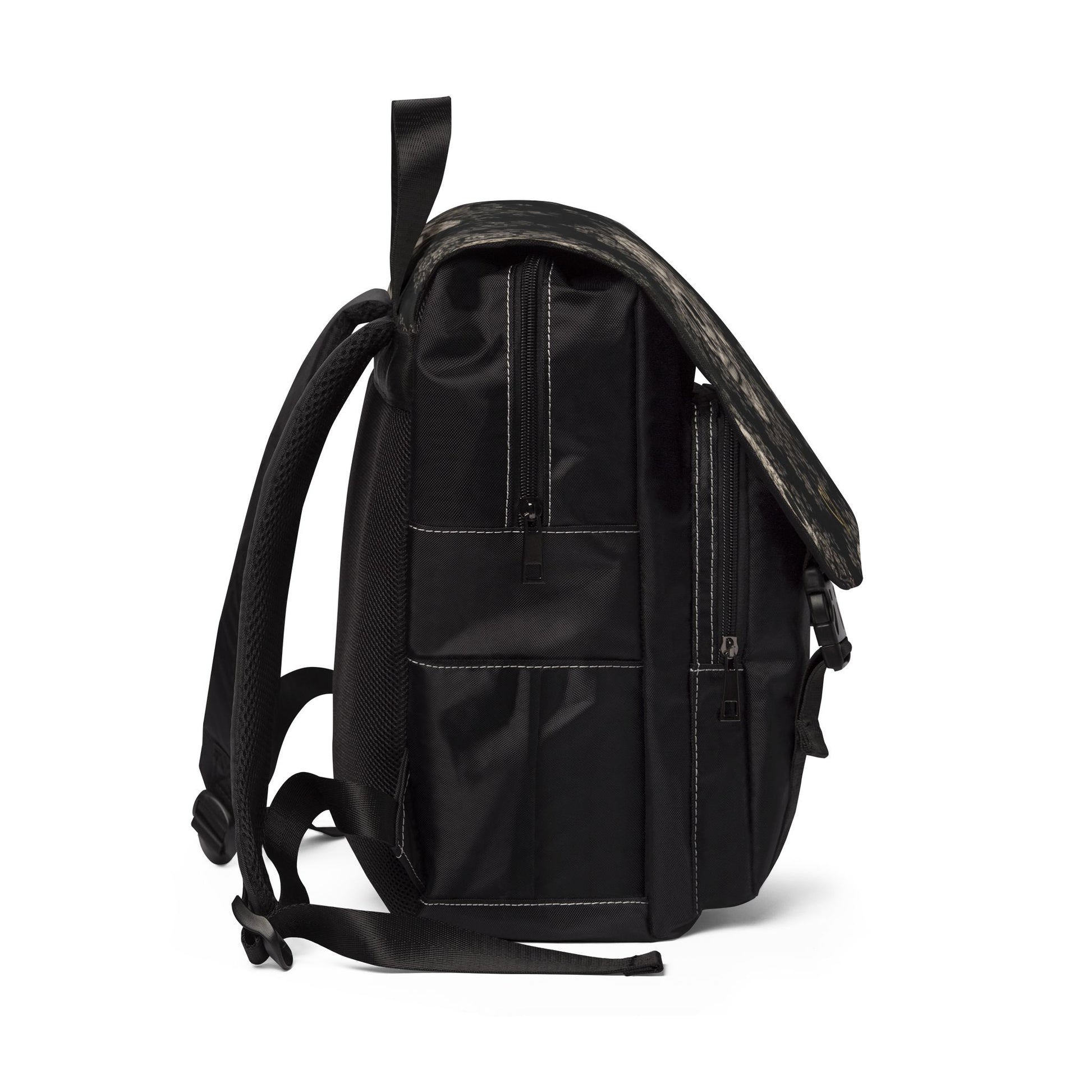 Requiem Bloom backpack side profile – gothic Day of the Dead floral skull design, Requiem Bloom collection