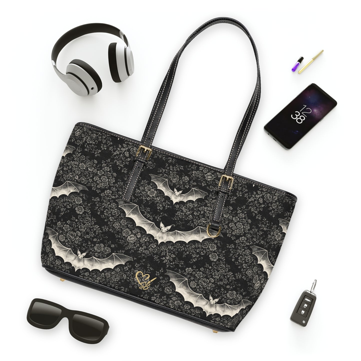 Bolso de Hombro de PU Eclipse Noir — Bolso Tote Floral Gótico
