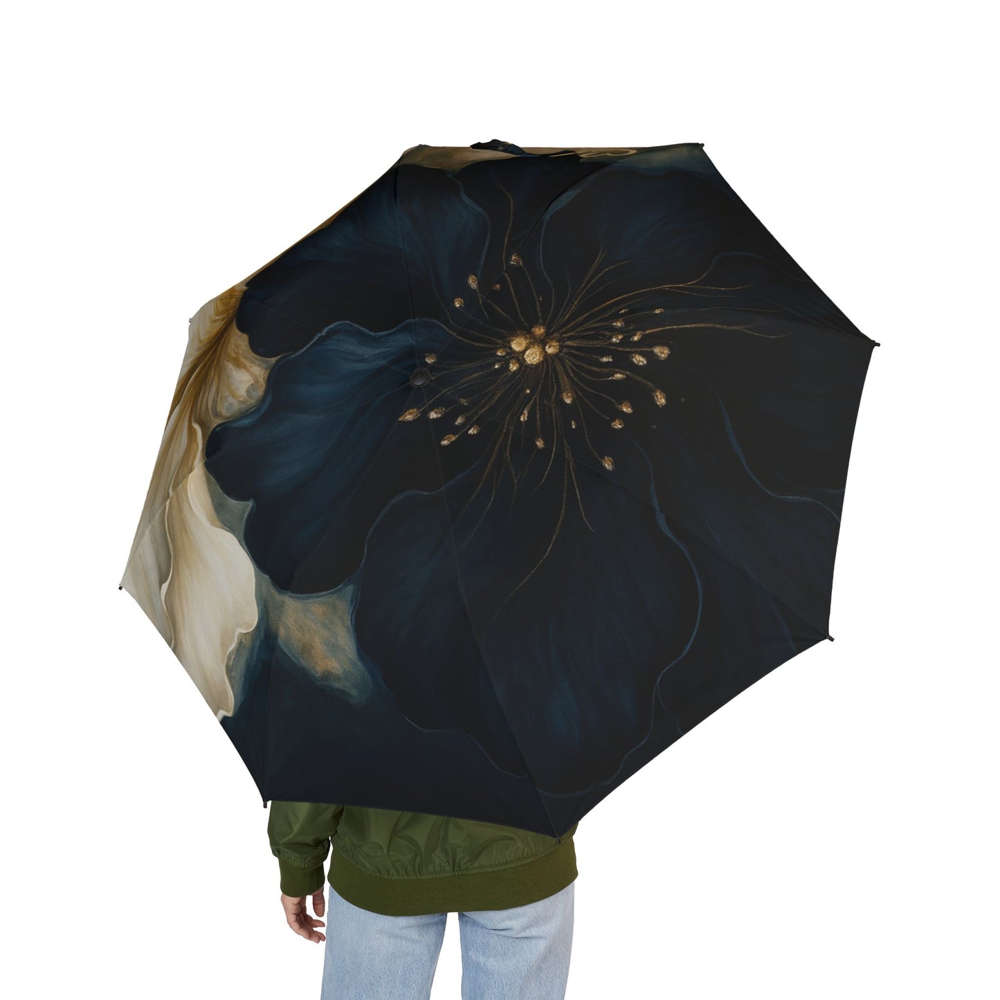 Stella - 2025 - Colección Artisan Luxe - Paraguas floral plegable — Parasol de lluvia compacto semiautomático con diseño de grandes flores en crema y azul