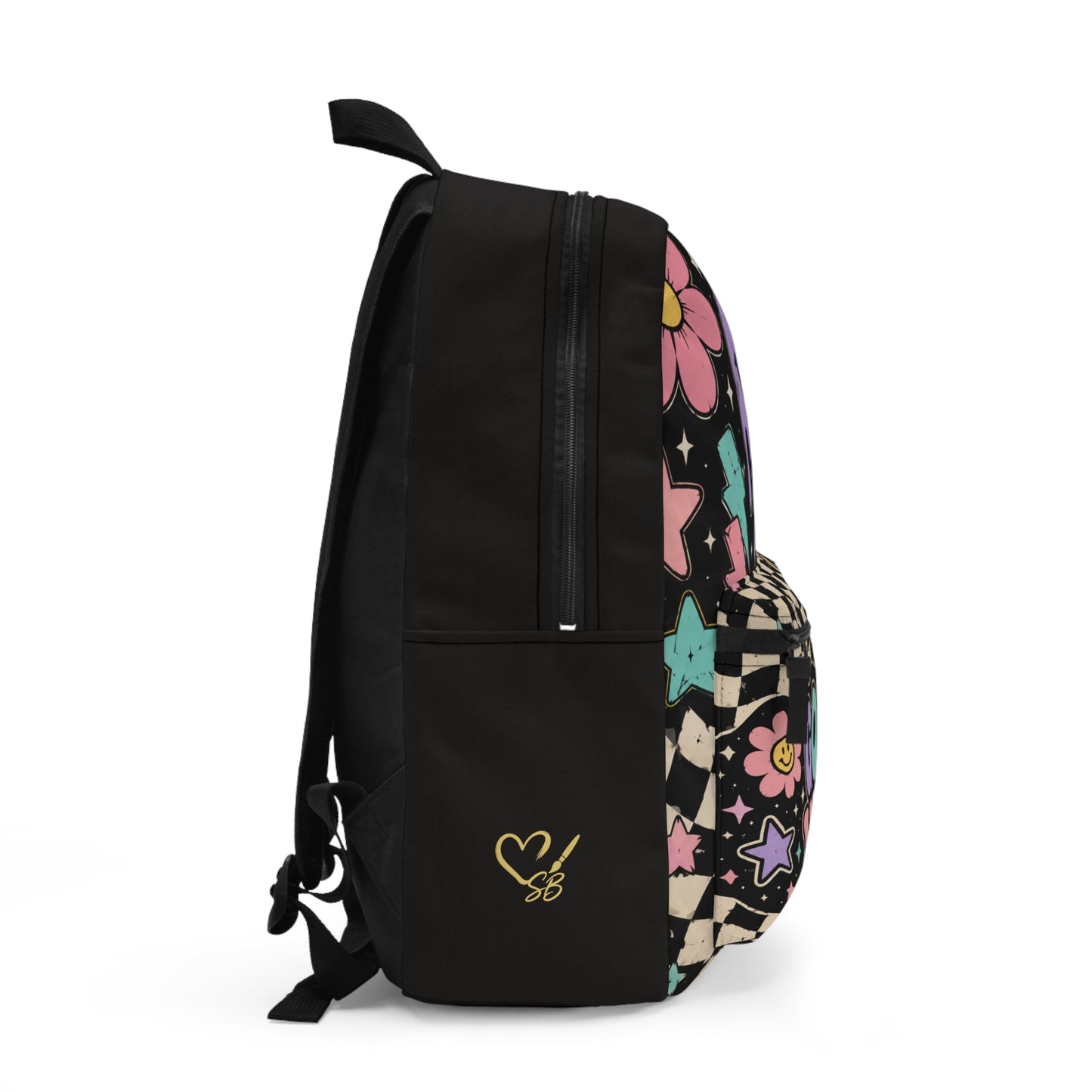 Good Vibes Checkerboard Backpack — Colorful Retro Smiley School Bag