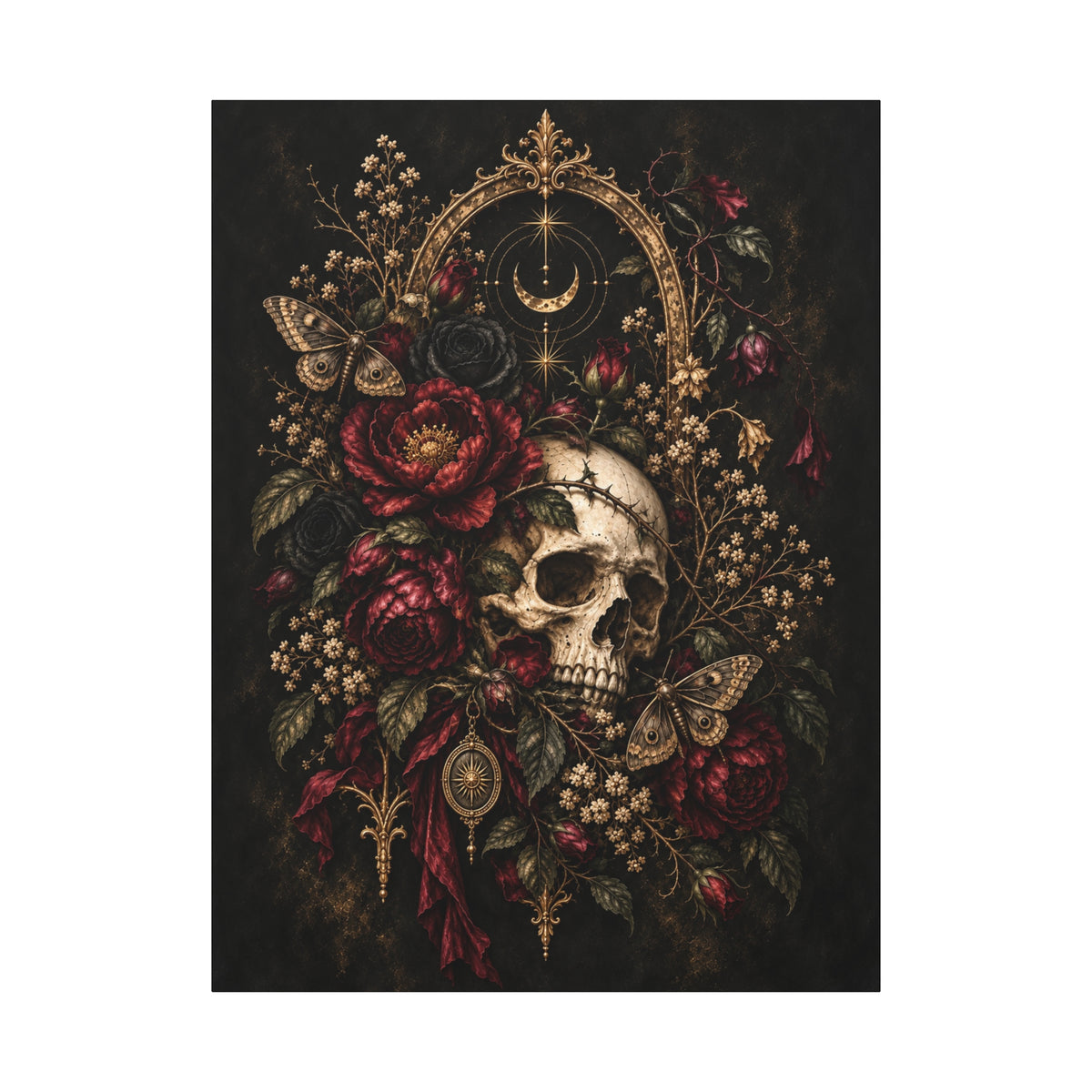 Skull & Roses Gothic Canvas Wall Art —Eclipsed Moon- Matte Stretched 1.25"