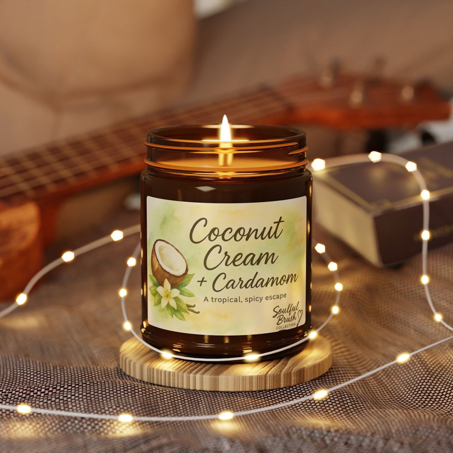 Vela de Soja de Crema de Coco y Cardamomo — Frasco Ámbar (Varios Tamaños)