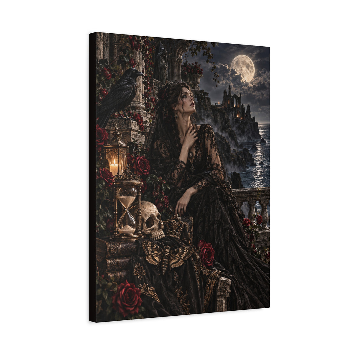 Gothic Moonlight Lady Matte Canvas Wall Art —Garden of Sorrow- Gothic Castle, Skull & Rose Décor