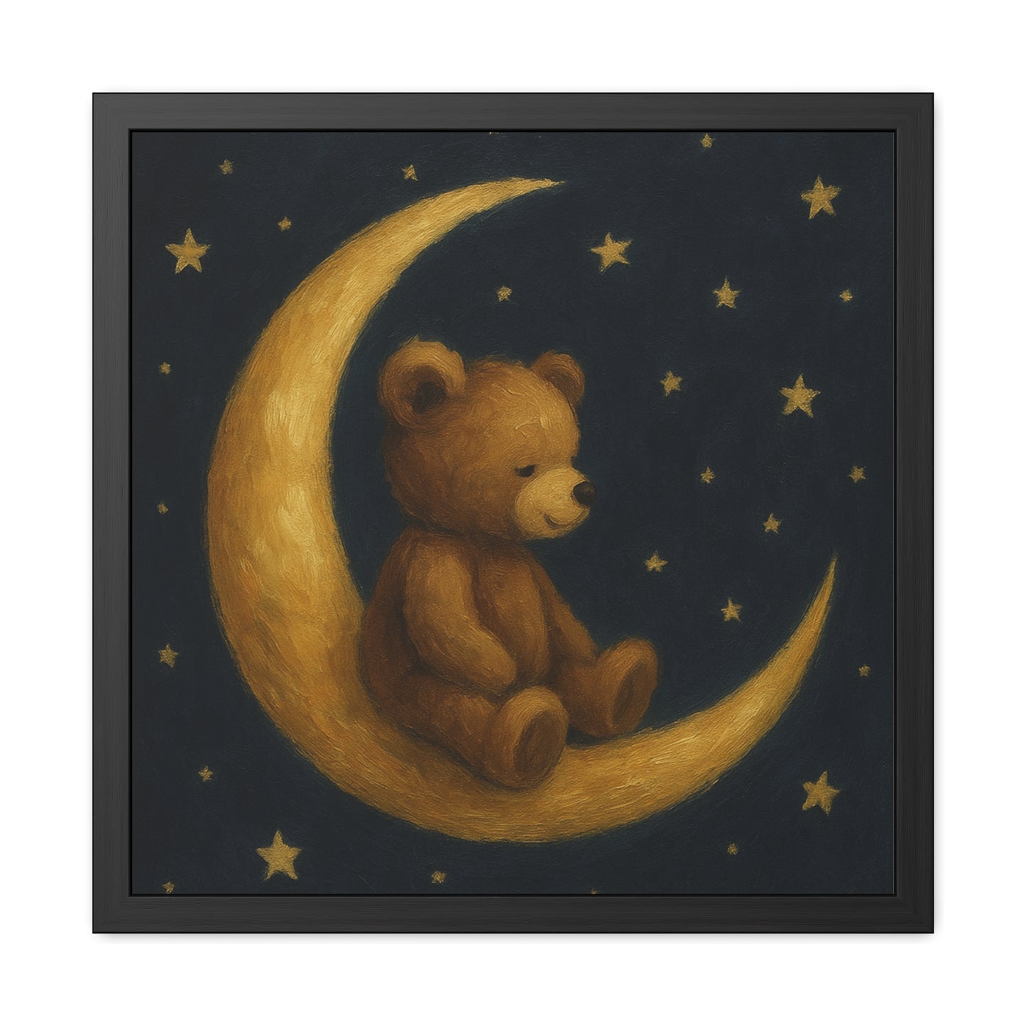 To the Moon and Back – Teddy on Crescent Moon Nursery Framed Poster | Celestial Dreams Wall Art