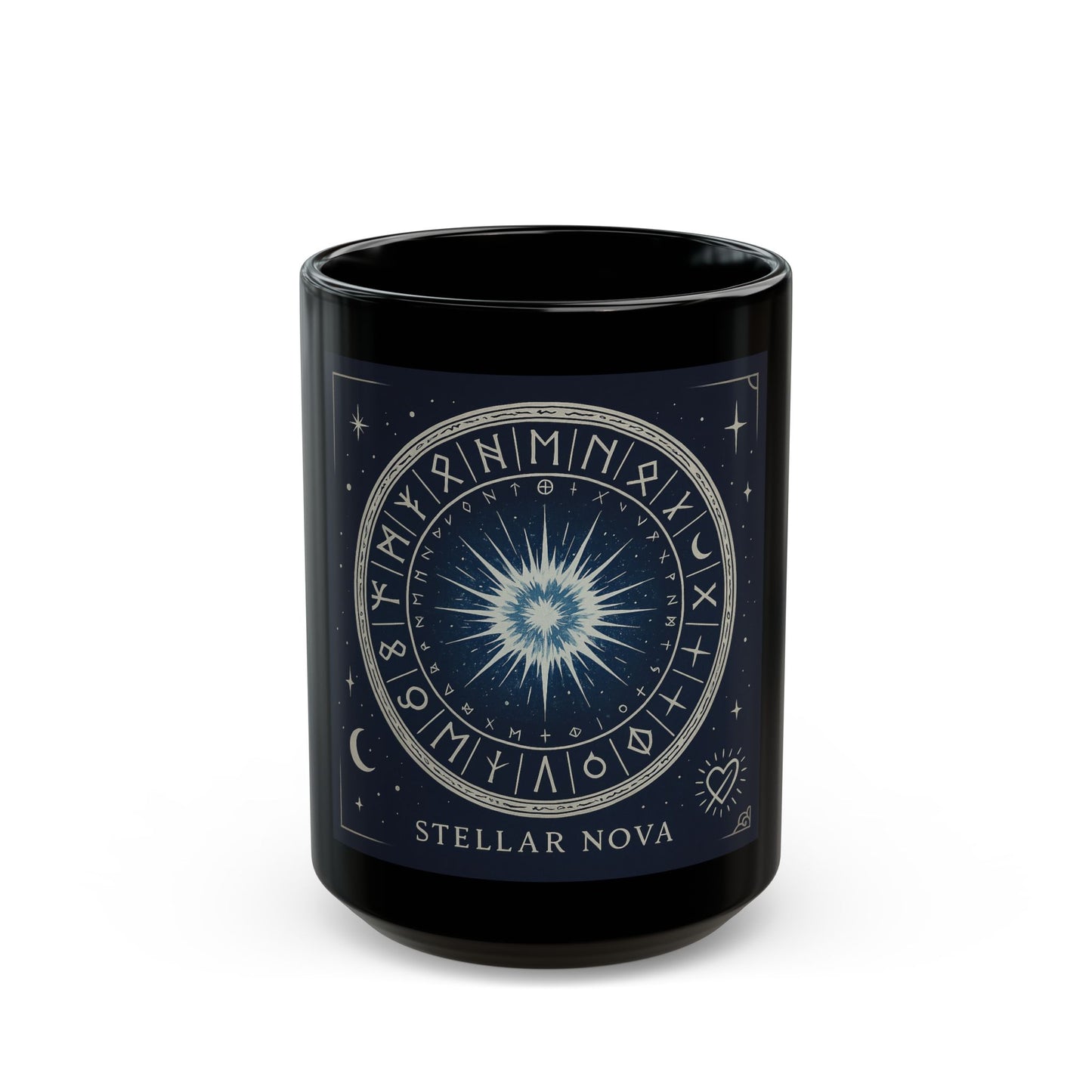 Taza Negra Stellar Nova — Taza de Café con Símbolo Zodiacal Celestial Starburst