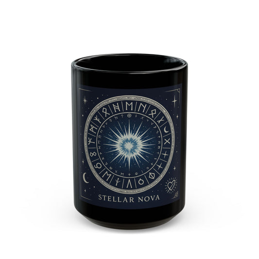 Taza Negra Stellar Nova — Taza de Café con Símbolo Zodiacal Celestial Starburst