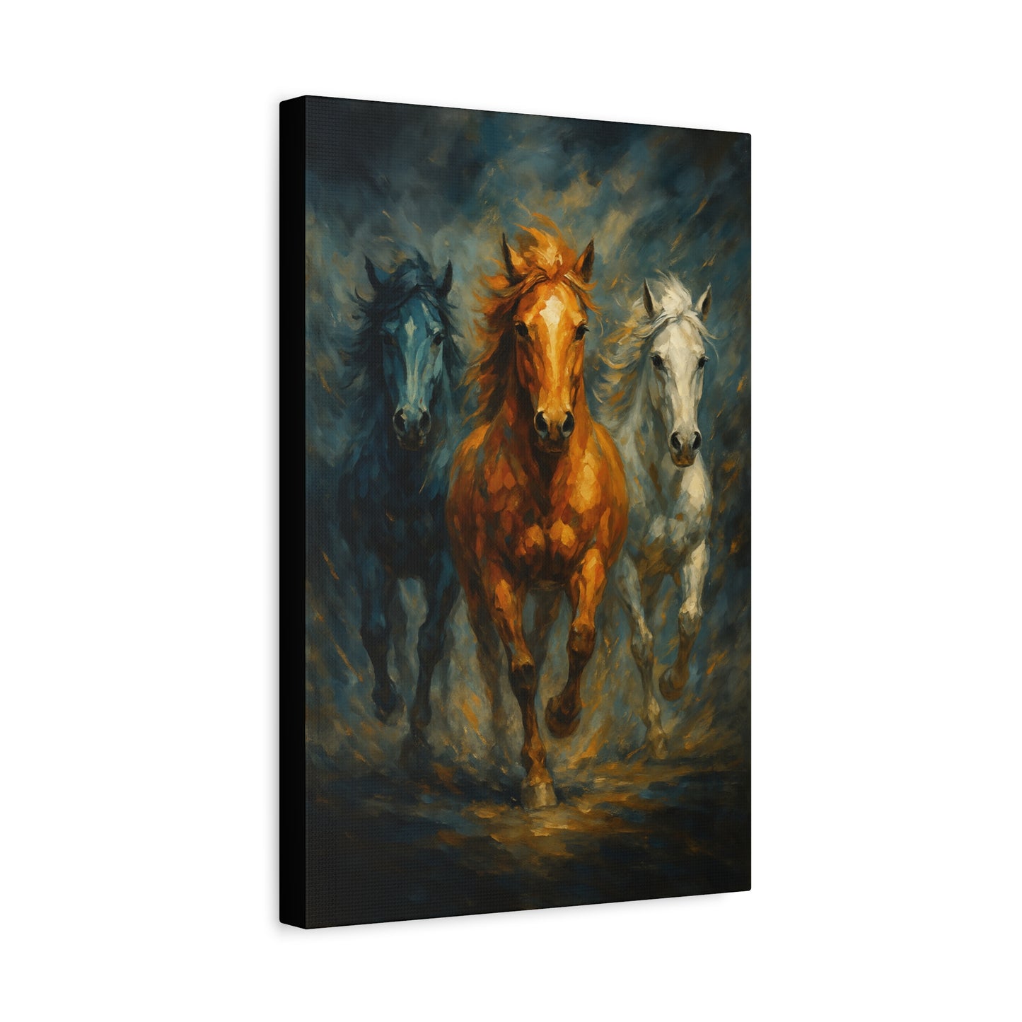 Arte de pared en lienzo mate "Caballos corriendo" — Pintura de trío dramático, estirado 1.25"
