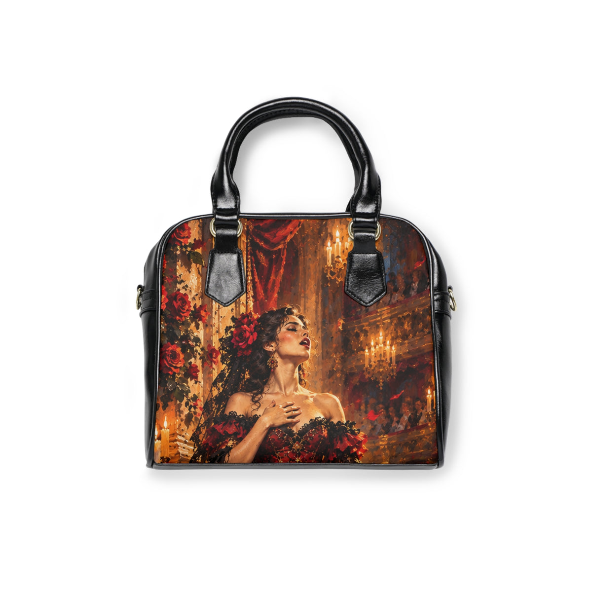 Front of Carmen — The Last Note shoulder handbag with black handles and artwork depicting a singer in a red and black gown amid roses and candlelight.