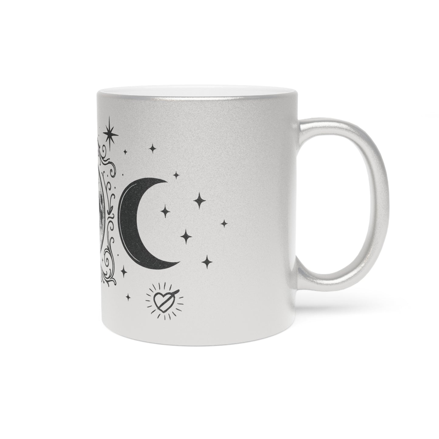 Moon Phase Metallic Mug — Crescent & Full Moon Silver Coffee Cup
