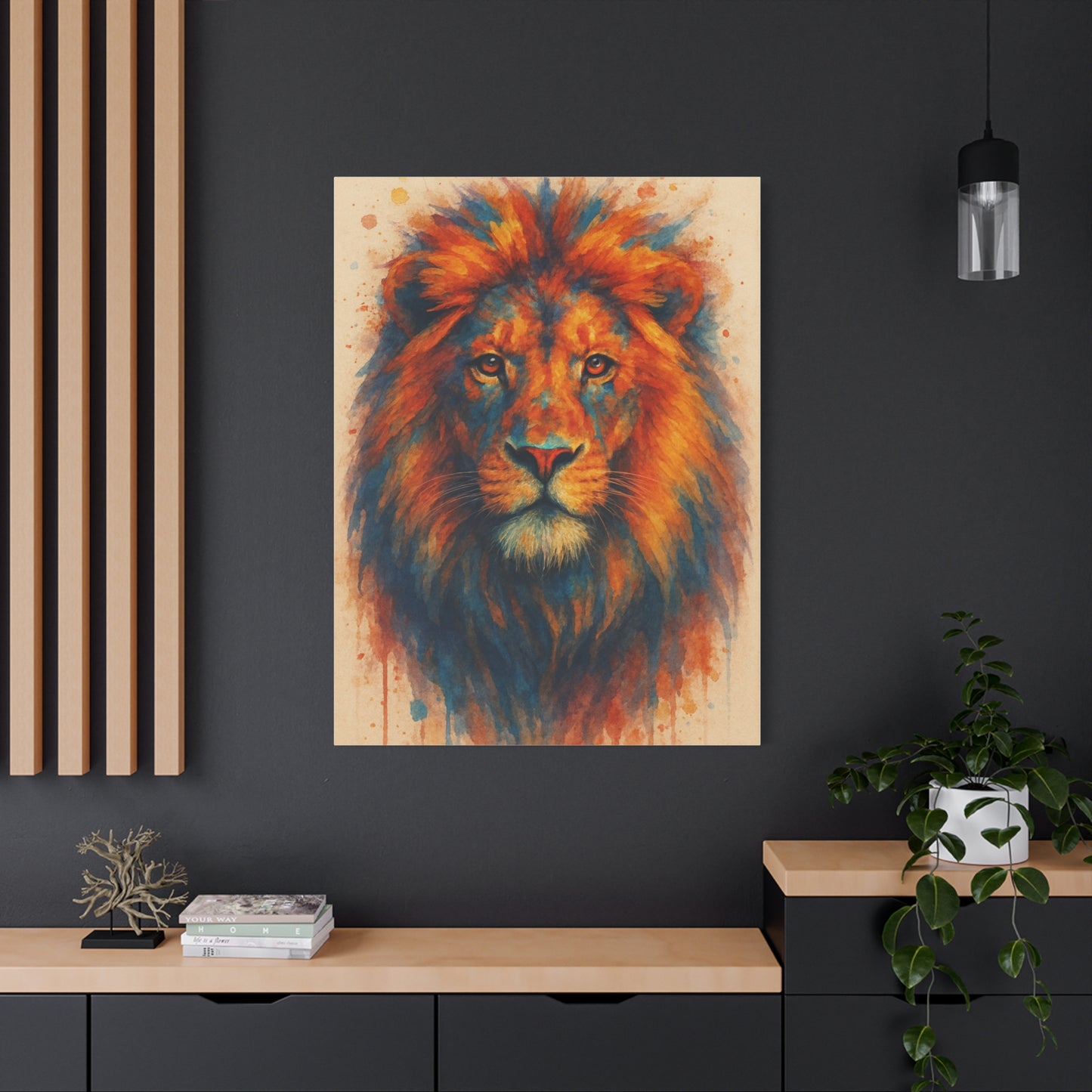 Lion-Bold Colorful Abstract Animal Acrylic Ink Matte Canvas (Stretched)