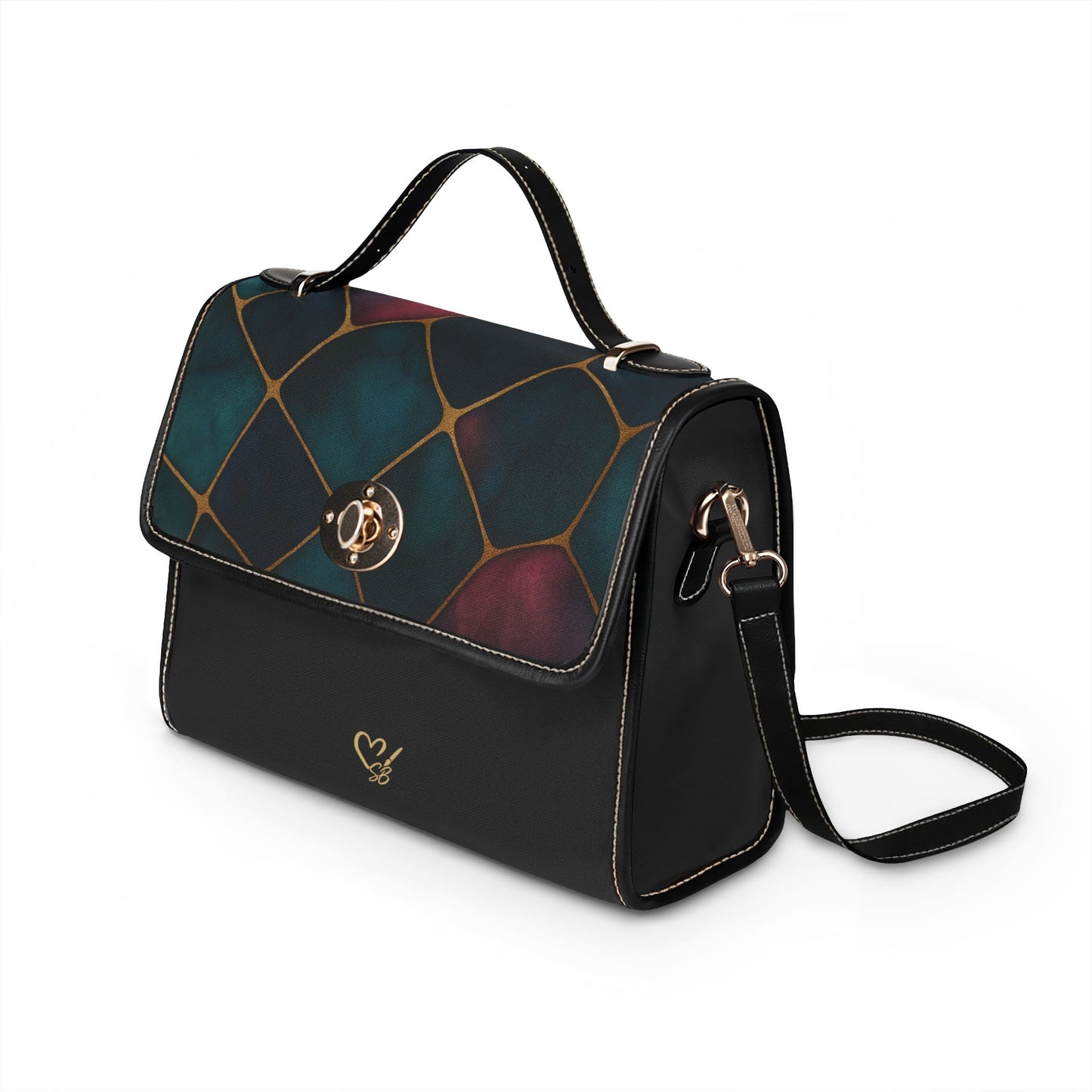Jada waterproof canvas satchel right side view – structured black body with PU leather handles and gold-tone hardware by the Soulful Brush
