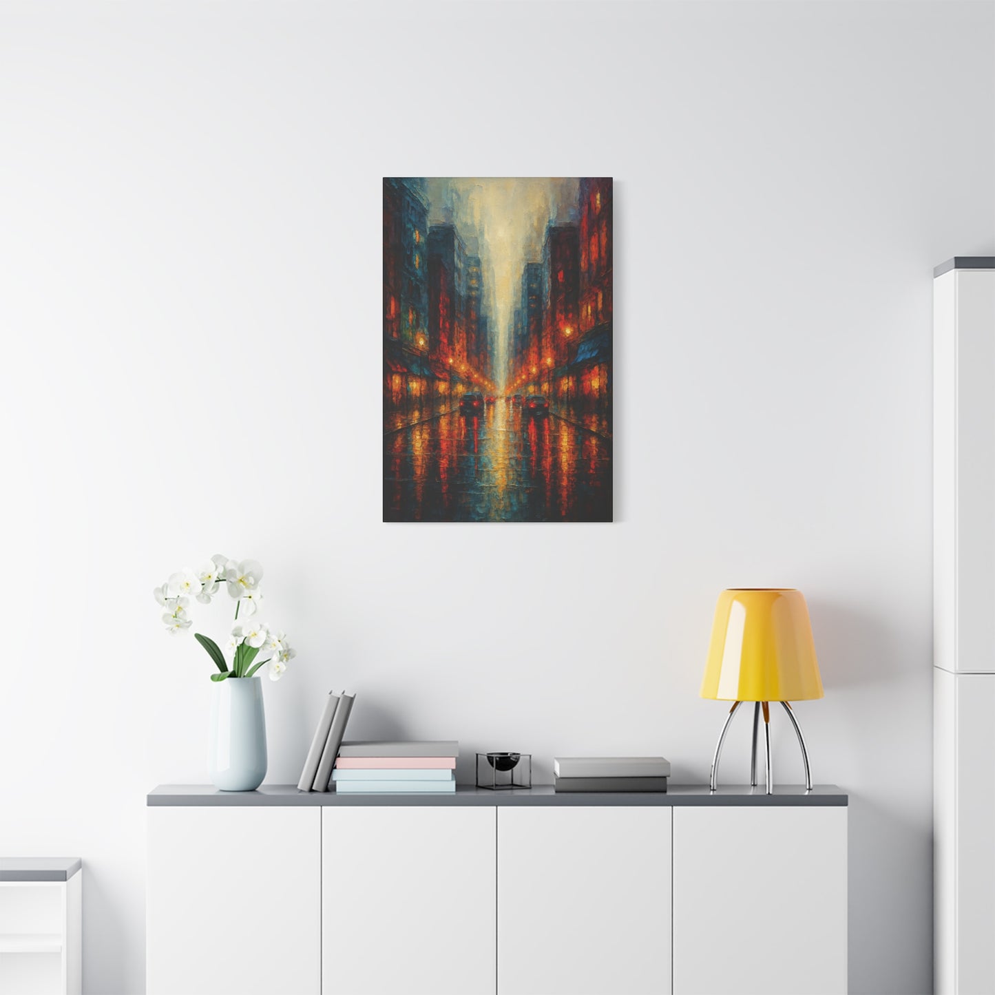 Lienzo mate "Paisaje urbano lluvioso" - Arte de pared urbano nocturno estirado