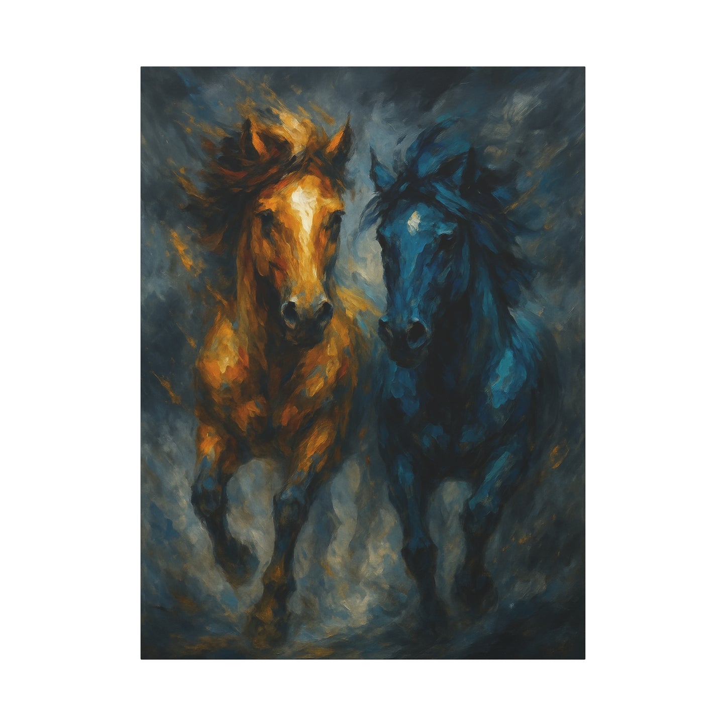 Running Horses Matte Canvas Wall Art — Abstract Gold & Blue Horse Painting