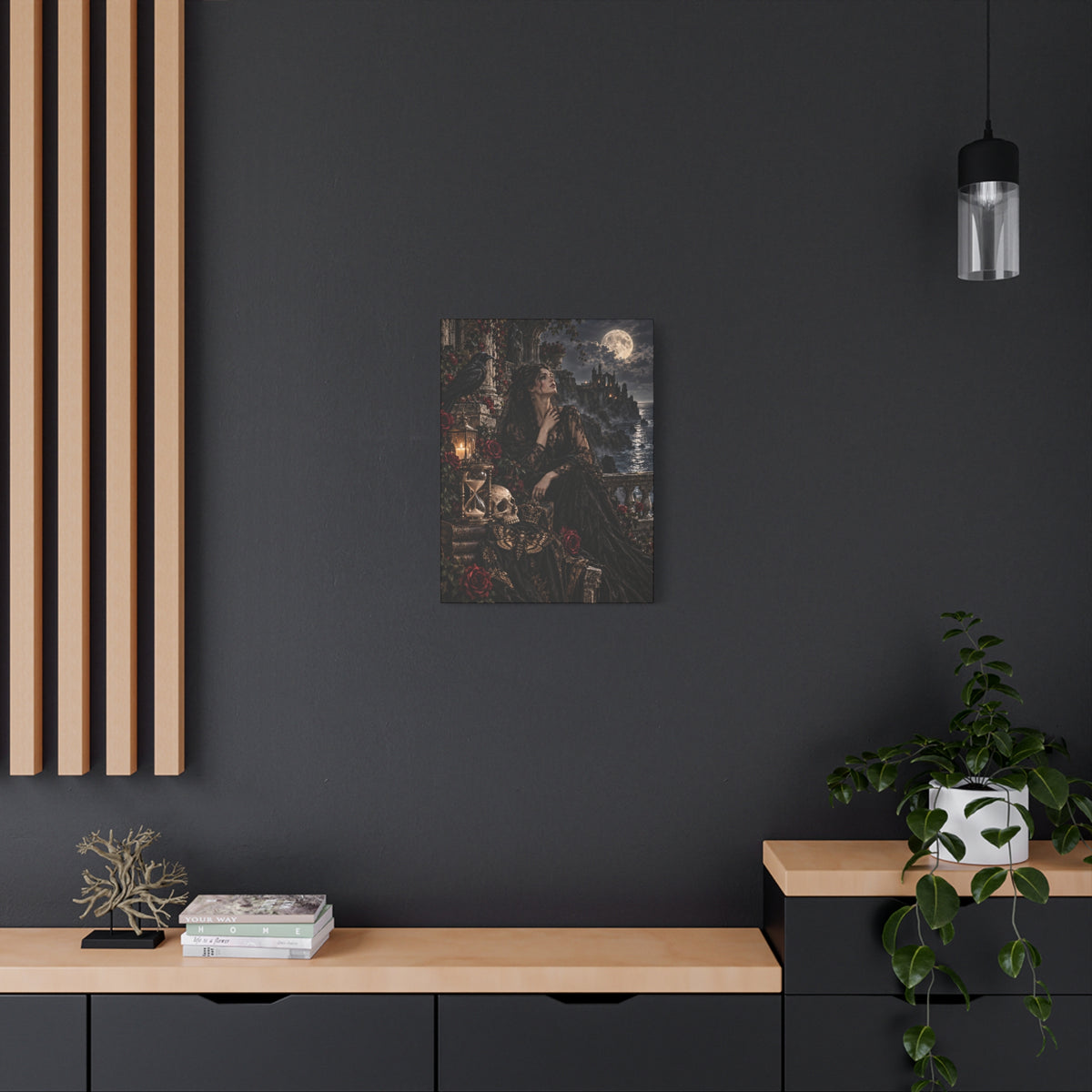 Gothic Moonlight Lady Matte Canvas Wall Art —Garden of Sorrow- Gothic Castle, Skull & Rose Décor