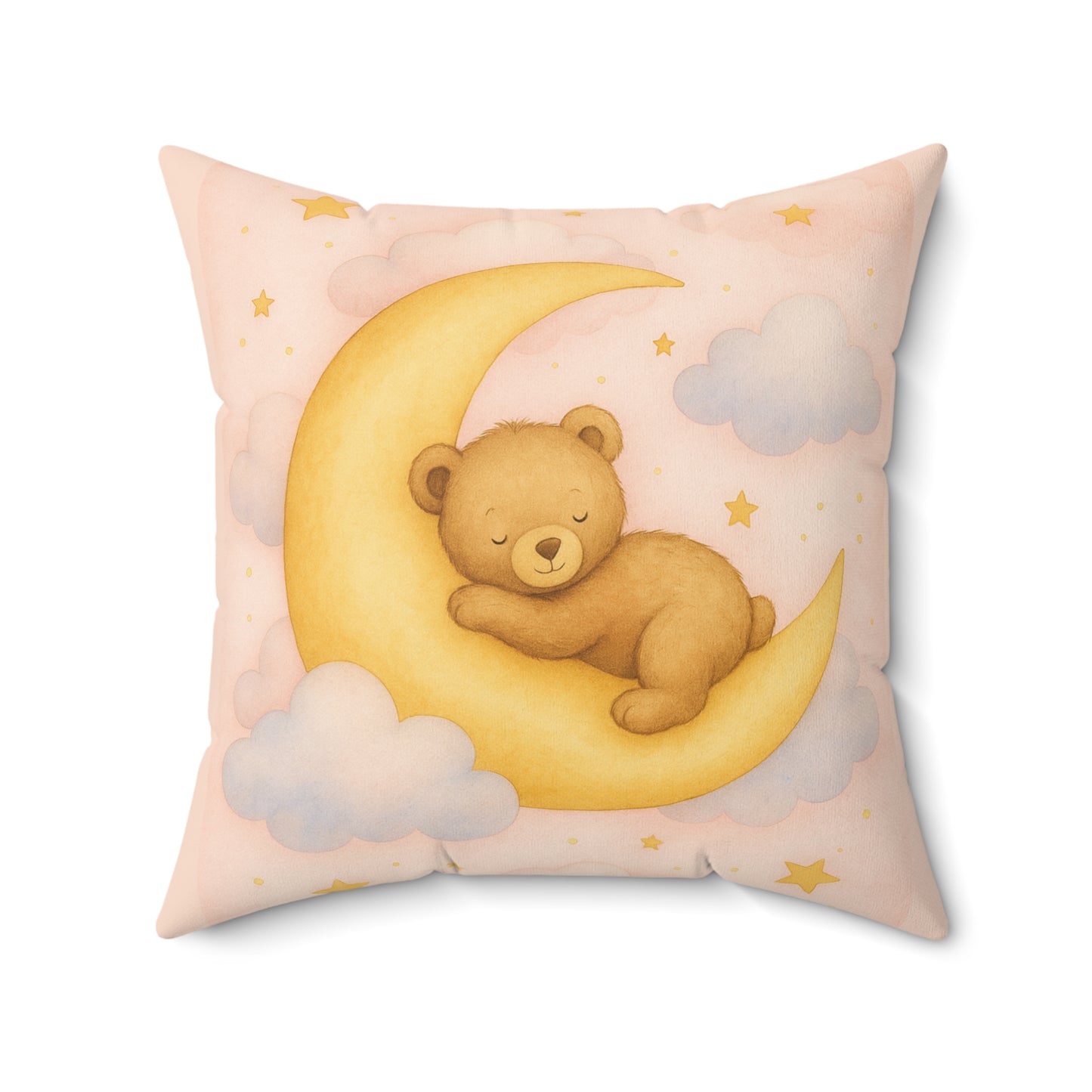 Teddy and Moon -Pink Pillow — Faux Suede Baby Decorative Pillow