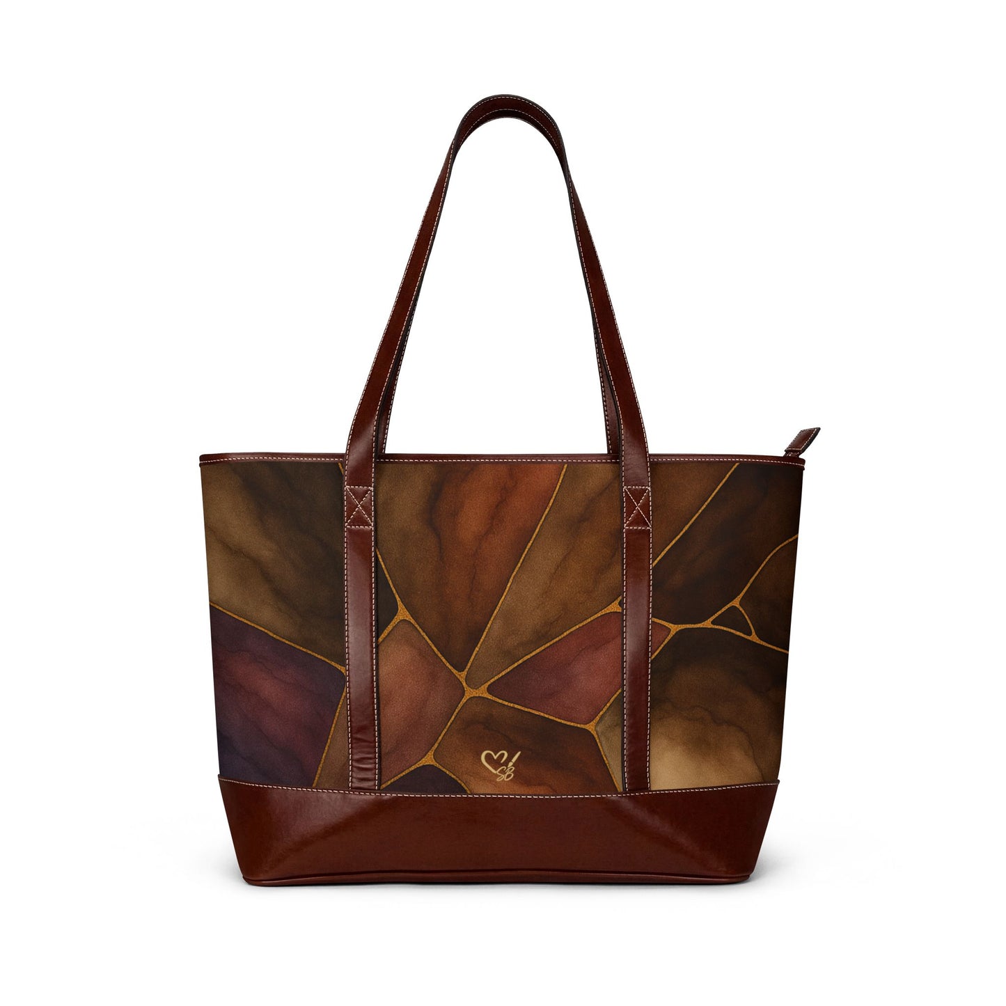 Sienna leather tote handbag back view – artisan luxe stained-glass print structured tote by the Soulful Brush
