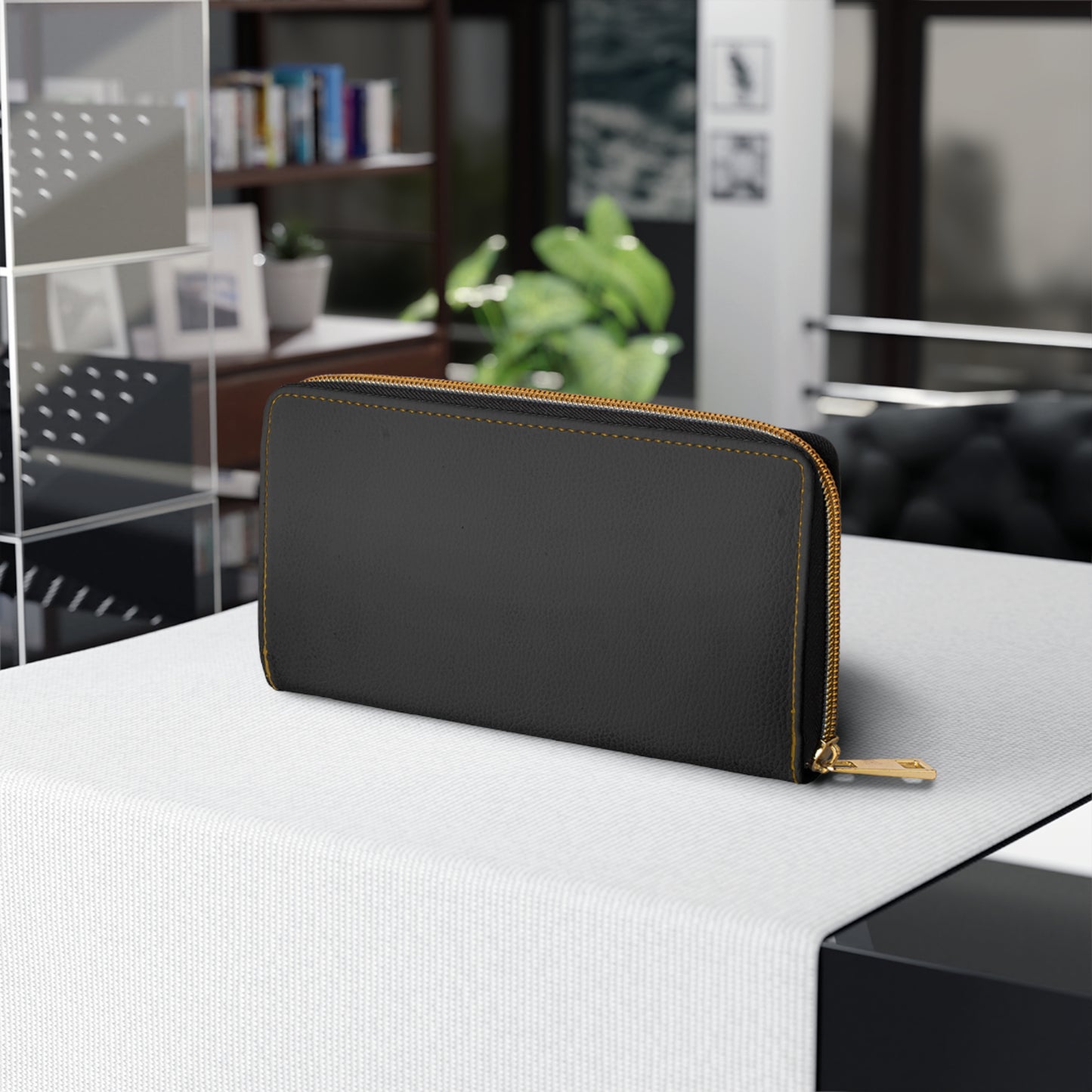 Lola elegant black zip wallet back view – gold line accent PU leather zip-around by the Soulful Brush
