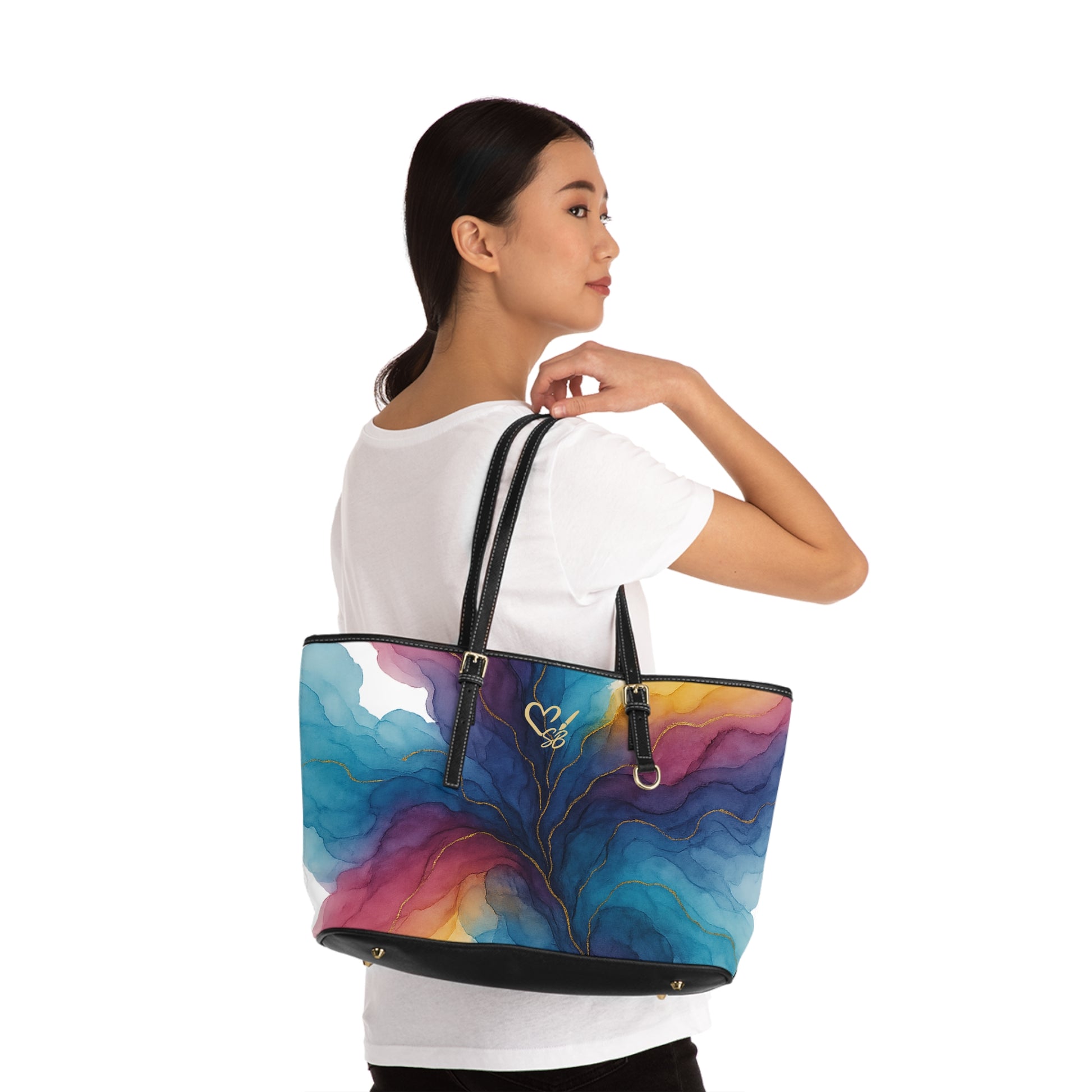 Gloria Artisan Luxe shoulder bag lifestyle view 17x11 – colorful watercolor wave abstract print structured shoulder bag by the Soulful Brush

