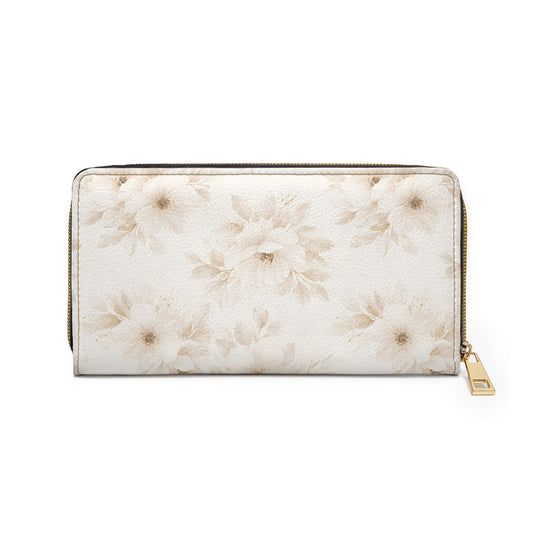 Soft Bloom-Floral Zipper Wallet — Soft Neutral Watercolor Daisy Wallet with Gold Accent
