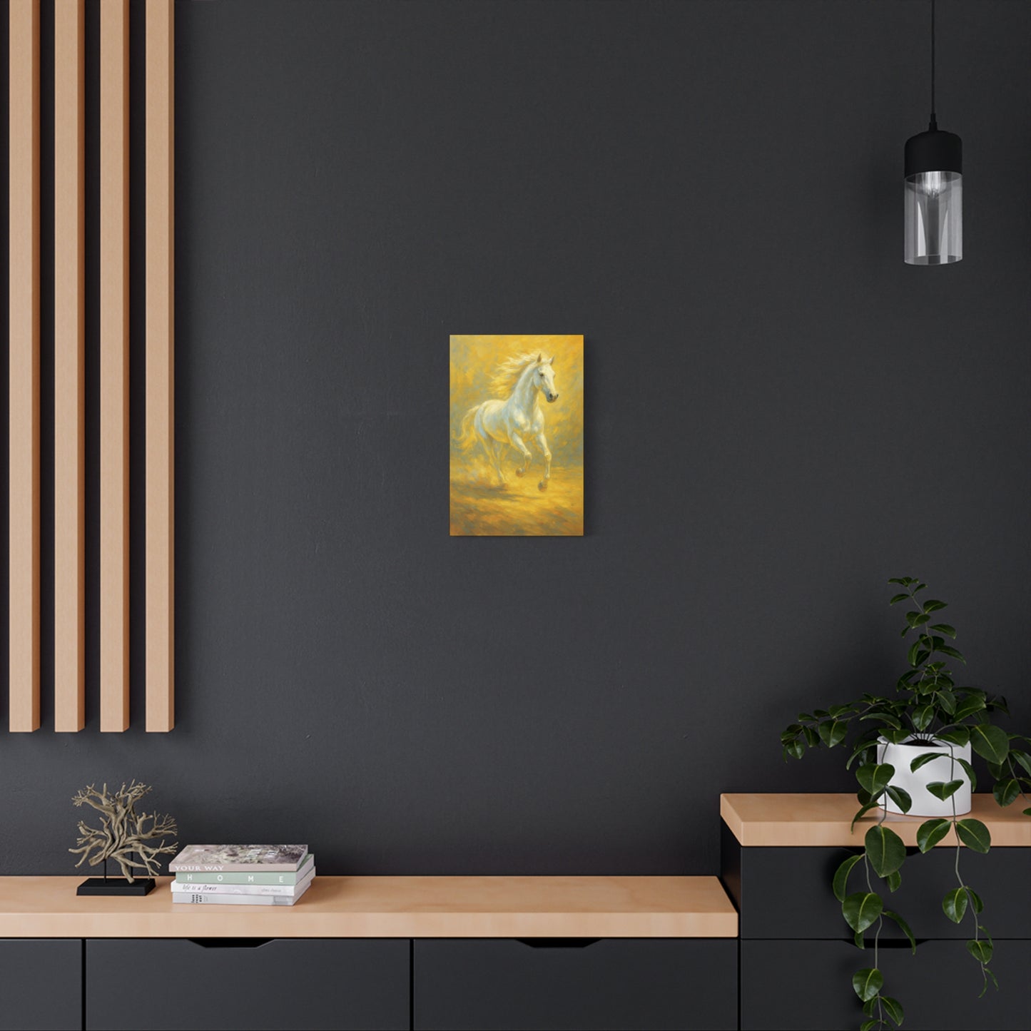 Running White Horse Matte Canvas Wall Art — Golden Equestrian Print