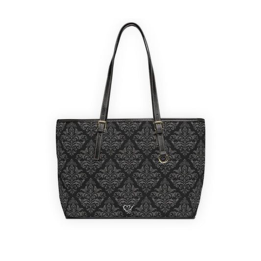 Black Damask PU Leather Shoulder Bag — Elegant Tote for Everyday & Work