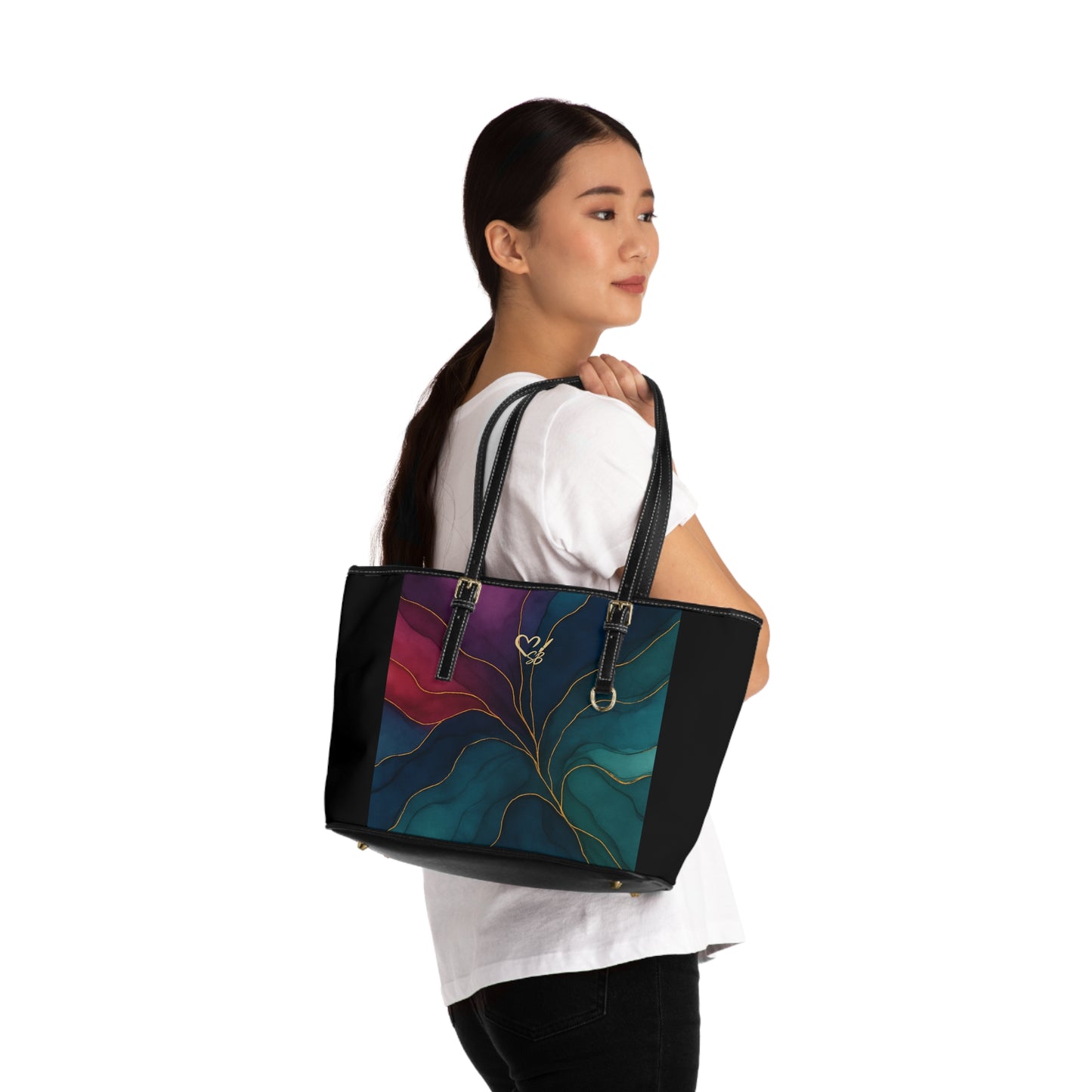 Tyler-2025 Colección Artisan Luxe - Bolso de hombro de PU con panel — Bolso tote color verde azulado y burdeos con detalle veteado dorado