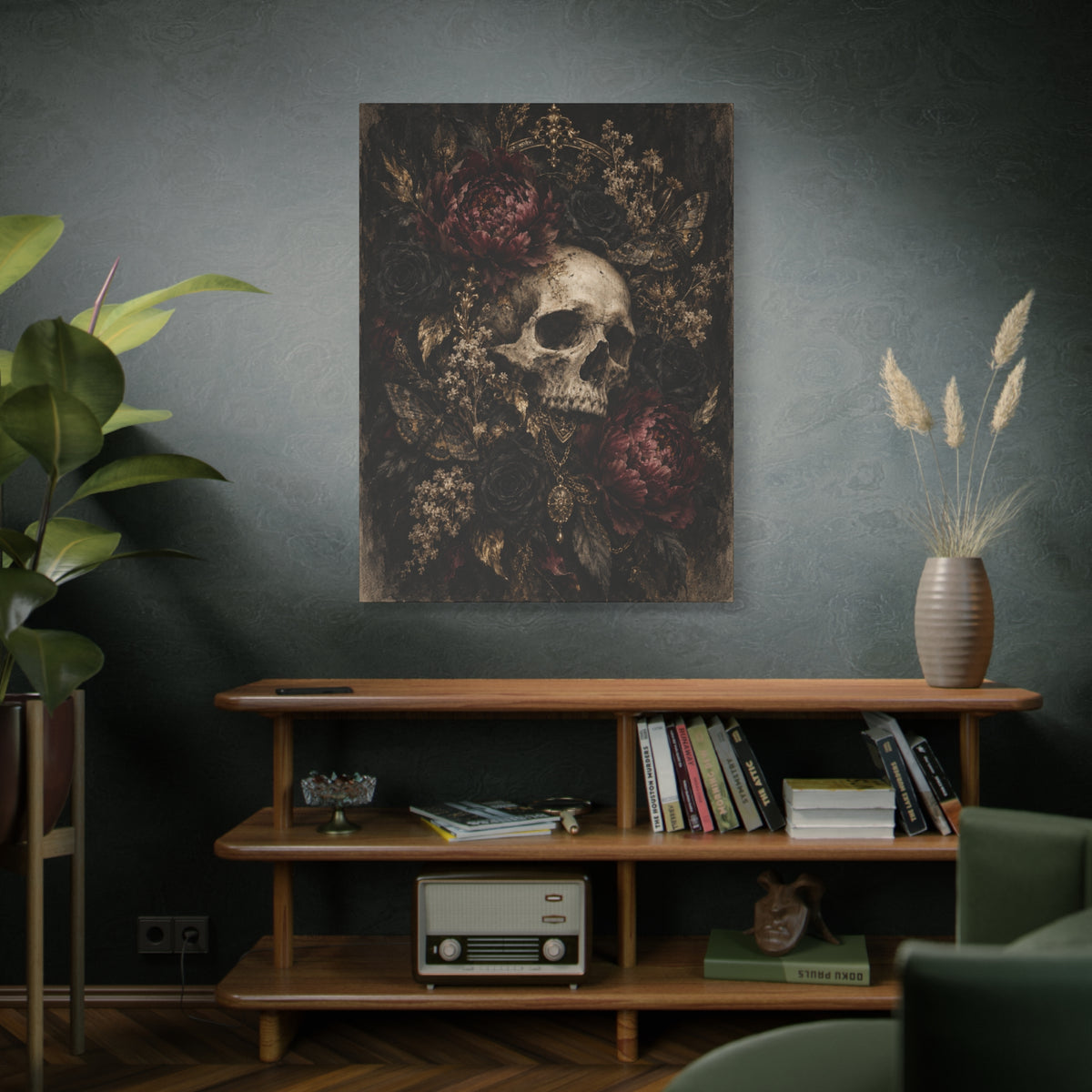 Gothic Skull & Peonies Canvas Wall Art —Velvet Mourning- Dark Floral Home Decor