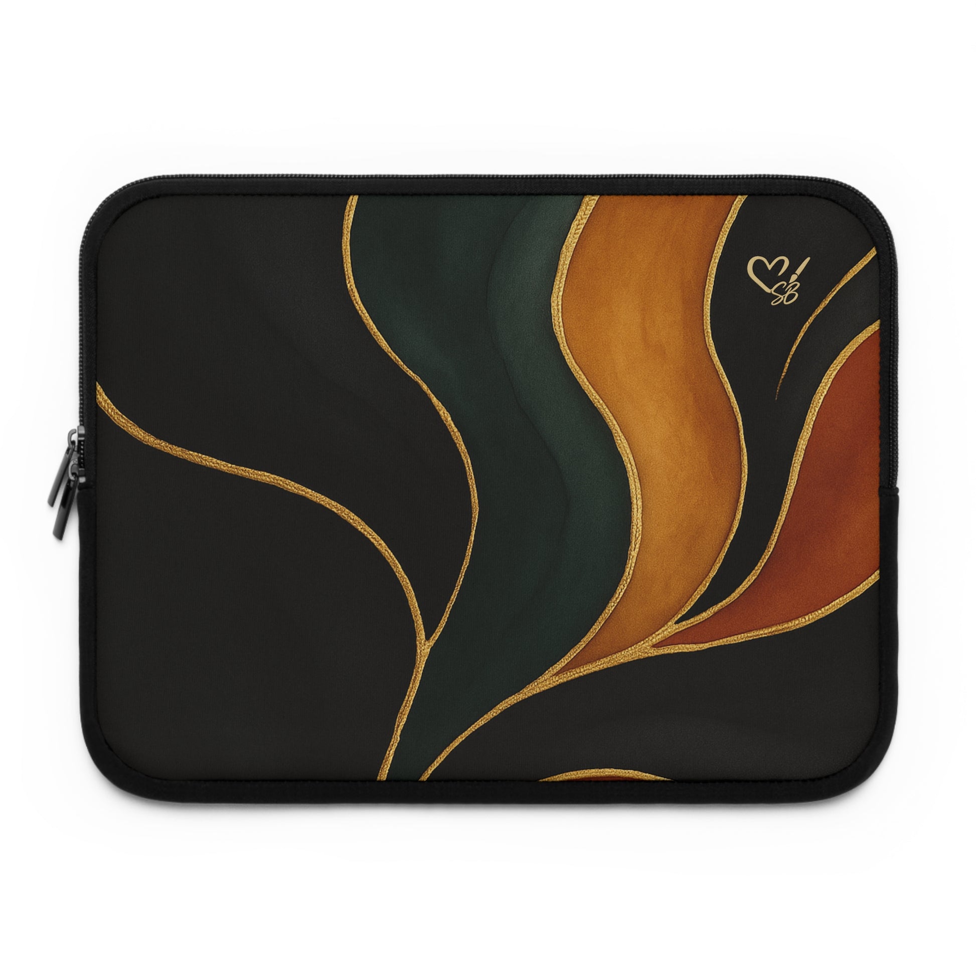 Vivian Artisan Luxe laptop sleeve front view – abstract autumn waves earthy green burnt orange print tech case by the Soulful Brush
