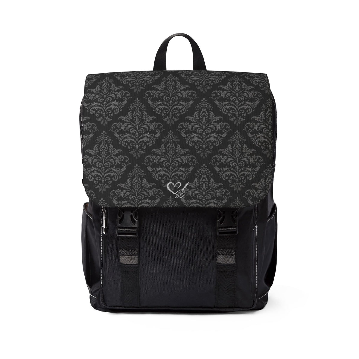 Damask Flap Backpack – Black Vintage Pattern Casual Shoulder Bag