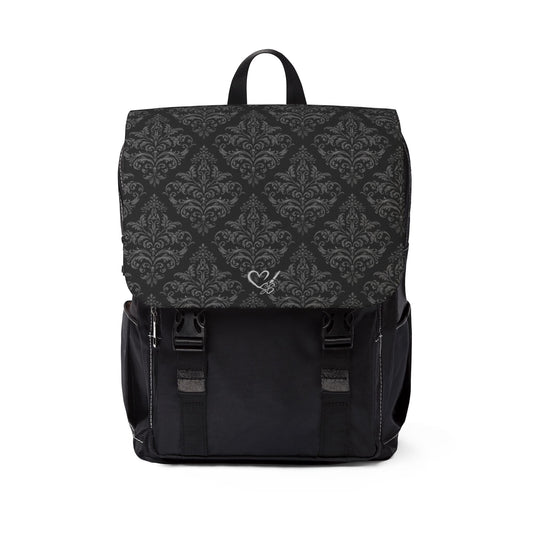 Damask Flap Backpack – Black Vintage Pattern Casual Shoulder Bag