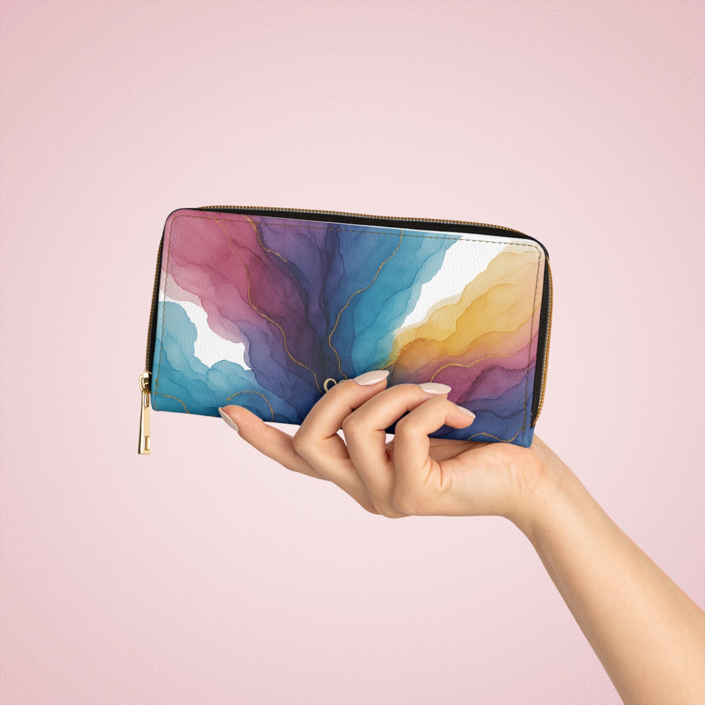 Gloria Zipper Wallet — Colorful Watercolor Wave Zip-Around Wallet with Gold Accents