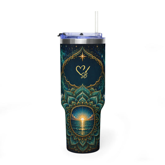 40oz Mandala Sunset Vacuum Tumbler — Insulated Travel Cup with Mandala Ocean Design
