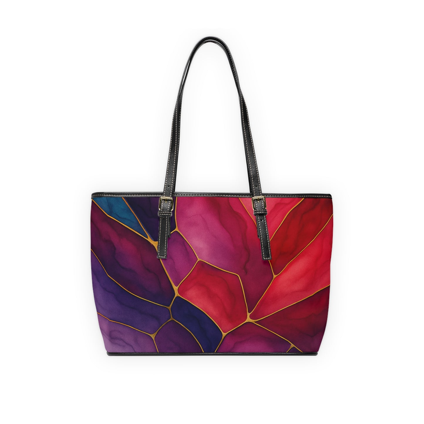 Shelby Artisan Luxe stained glass floral PU leather shoulder tote back view – vibrant jewel-tone floral print structured tote by the Soulful Brush

