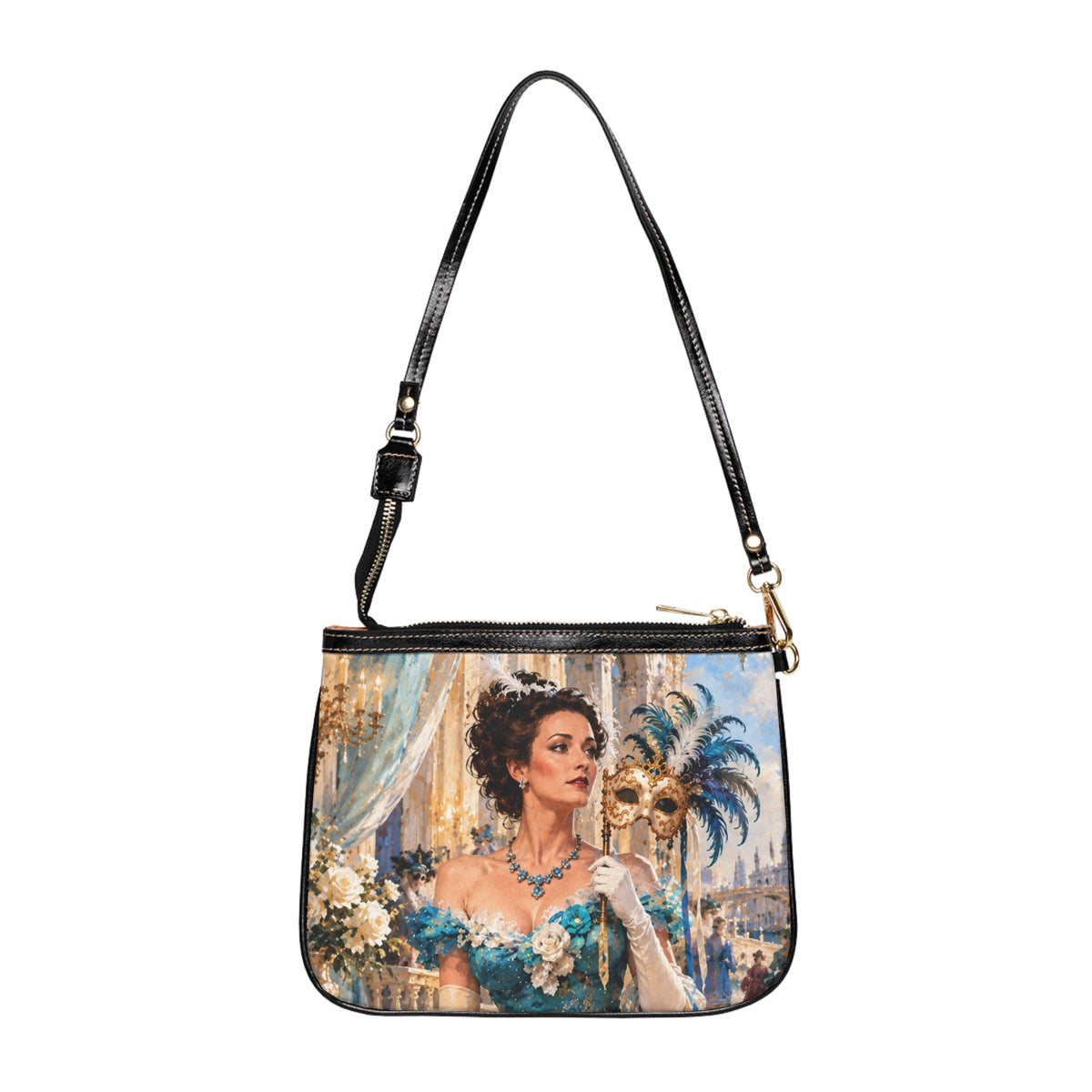 Front of The Masquerade — A Venetian Dream small shoulder bag with black strap and artwork depicting a woman in a teal gown holding a gold mask with blue feathers.