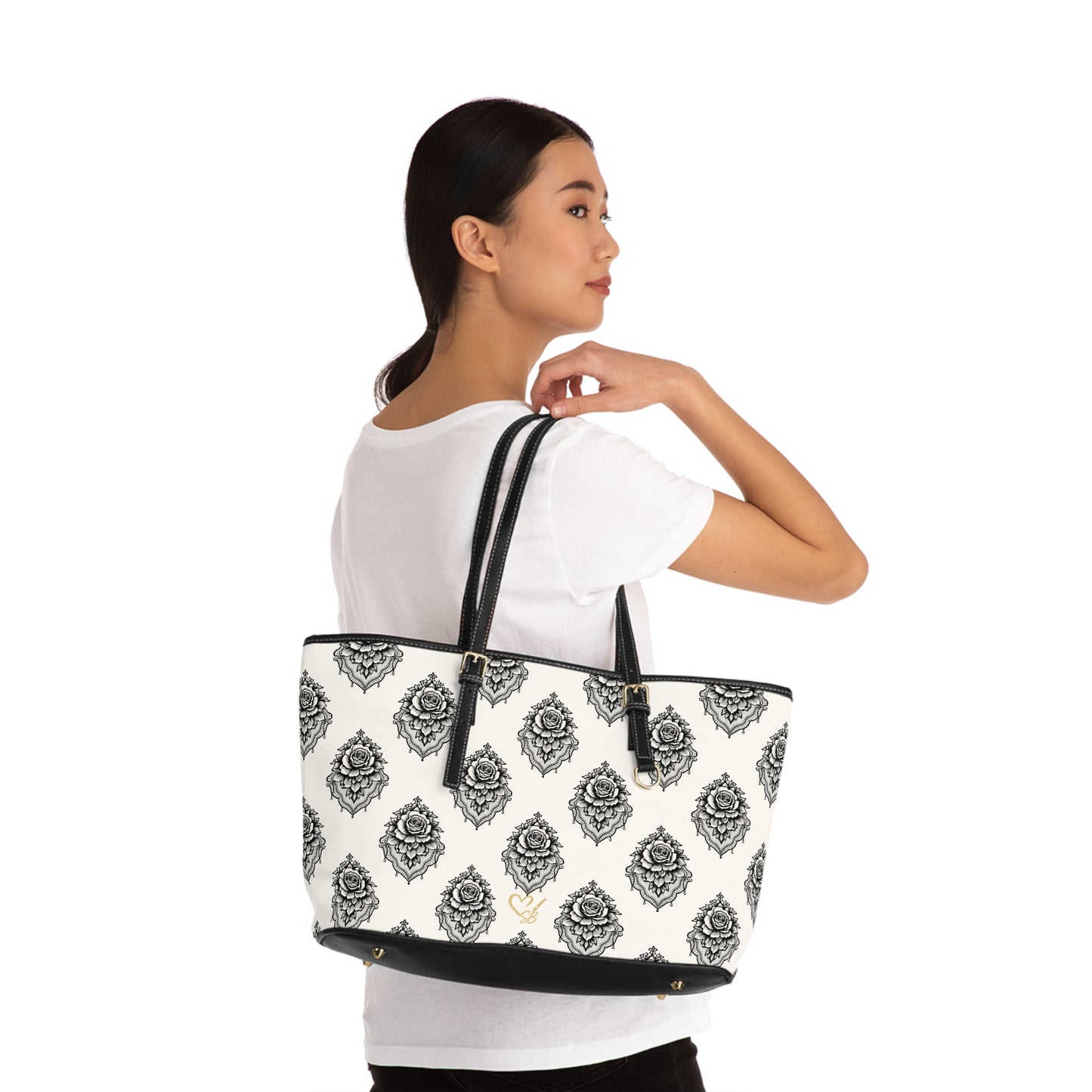 Rosa Velada - Bolso de hombro de piel sintética — Elegante bolso tote blanco y negro