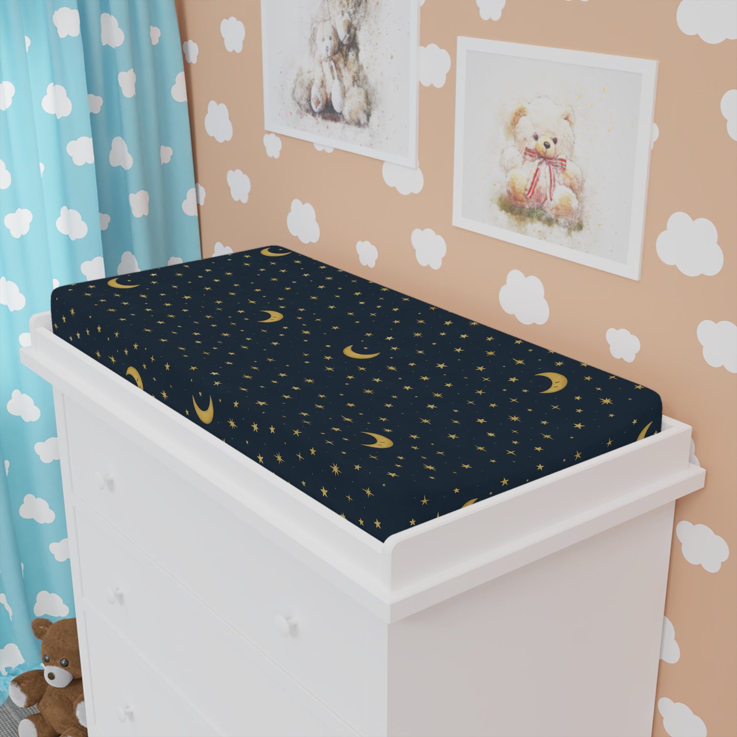 To the Moon – Funda para cambiador | Sueños celestiales – Ropa de cama de cuna azul marino y dorado