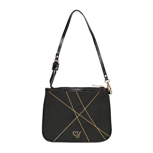 Michelle small shoulder bag front view – minimal black PU leather crossbody with gold line and heart accent by the Soulful Brush
