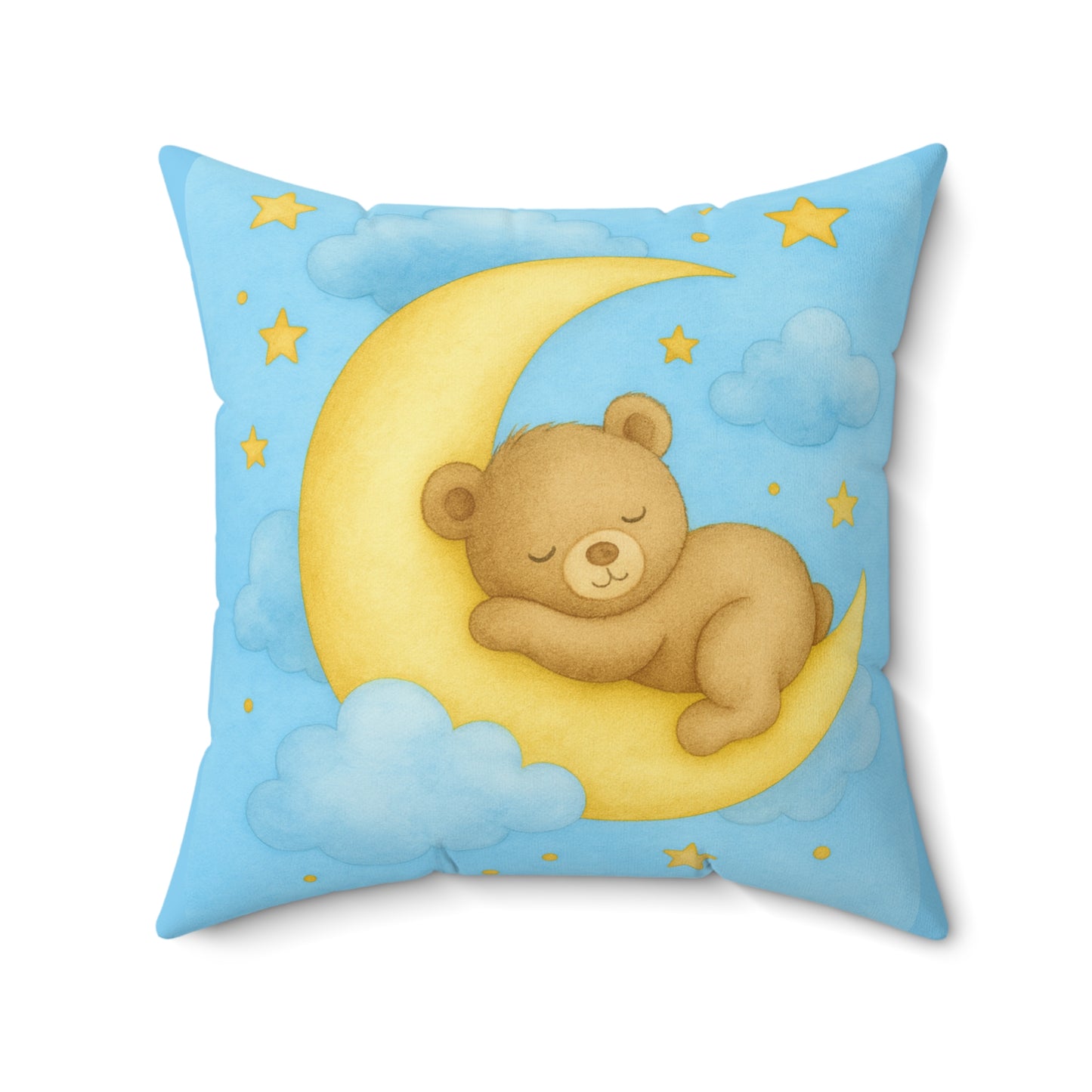 Teddy and Moon -Blue Pillow — Cute Nursery Faux Suede Square Pillow