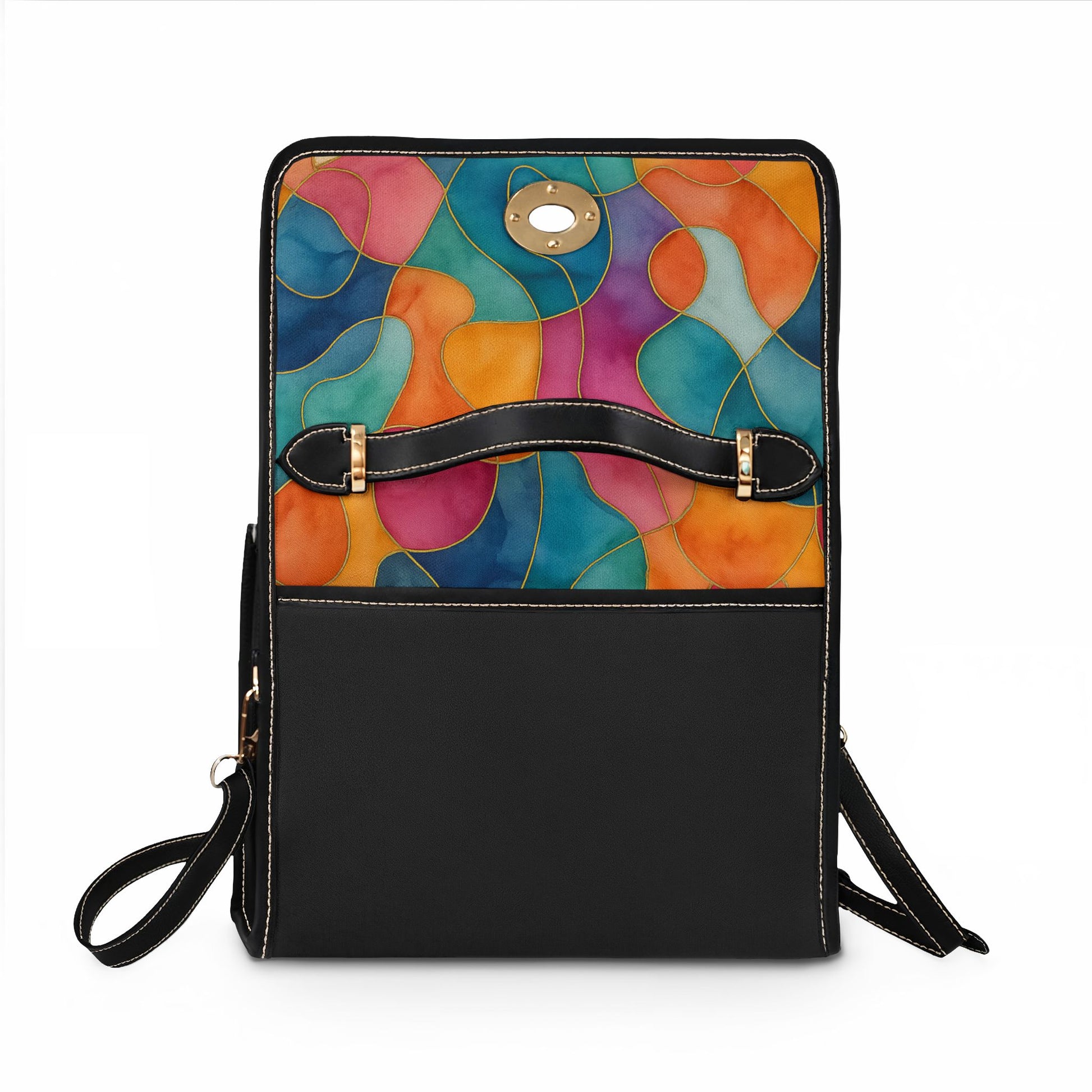 Vicky canvas handbag back view showing colorful abstract watercolor flap detail – waterproof canvas purse by the Soulful Brush
