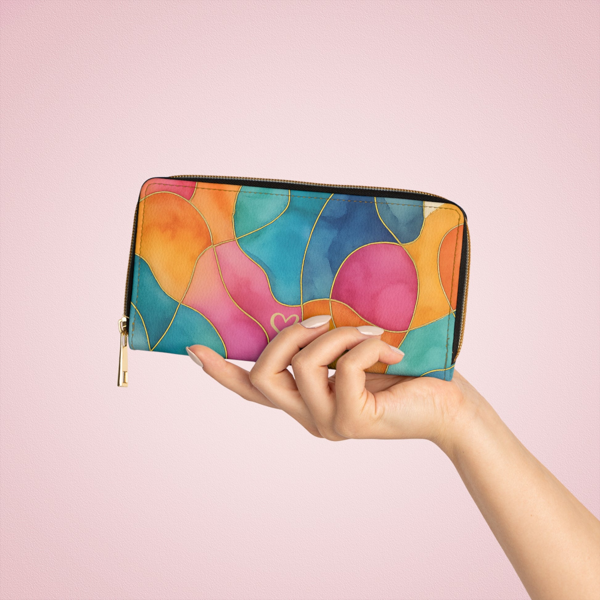 Vicky colorful abstract zipper wallet lifestyle view – stained-glass PU leather card and cash organizer by the Soulful Brush
