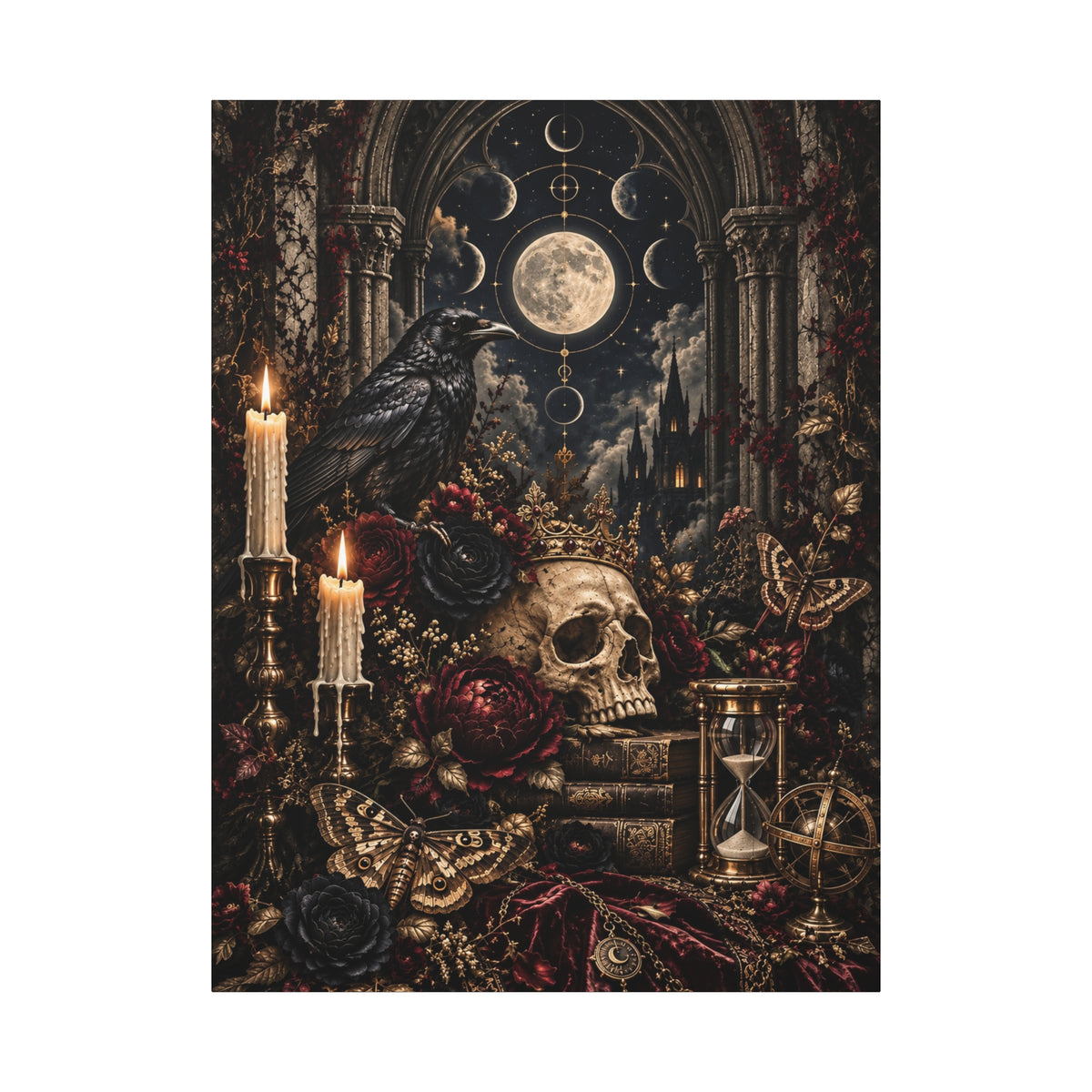 Gothic Moon Skull Canvas Art — Dark Victorian Still Life Wall Decor