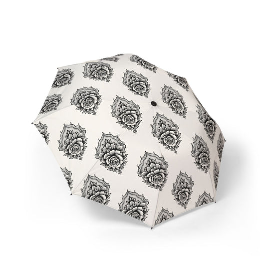 Veiled Rose - Paraguas Plegable — Patrón Floral Mandala Negro, Paraguas de Lluvia Compacto Semiautomático